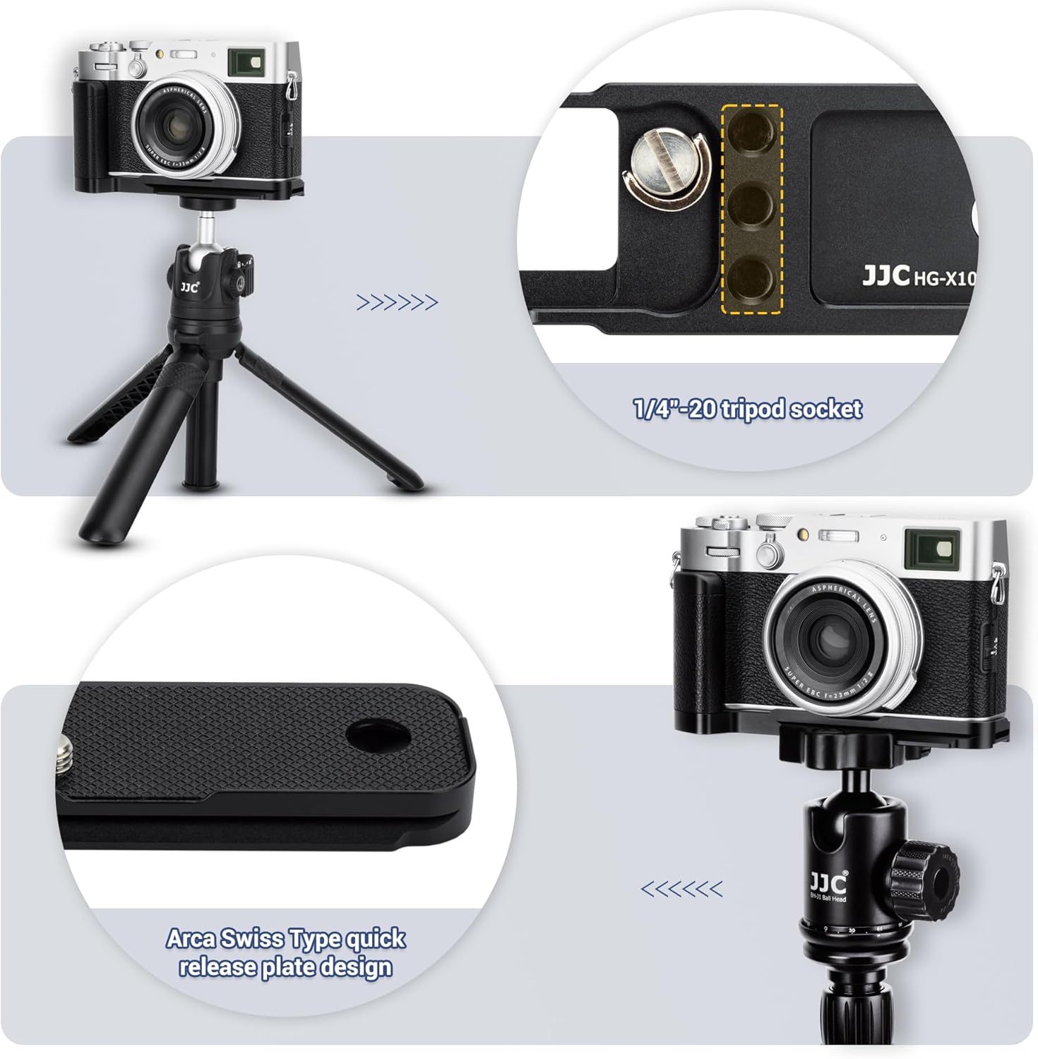Poignée en métal X100VI, poignée sécurisée, support en L pour appareil photo Fuji Fujifilm X100VI, coussinets antidérapants, plaque à dégagement rapide Arca Swiss, trou supplémentaire pour trépied 1/4"-20 et trou pour dragonne, couleur noire – Image 5