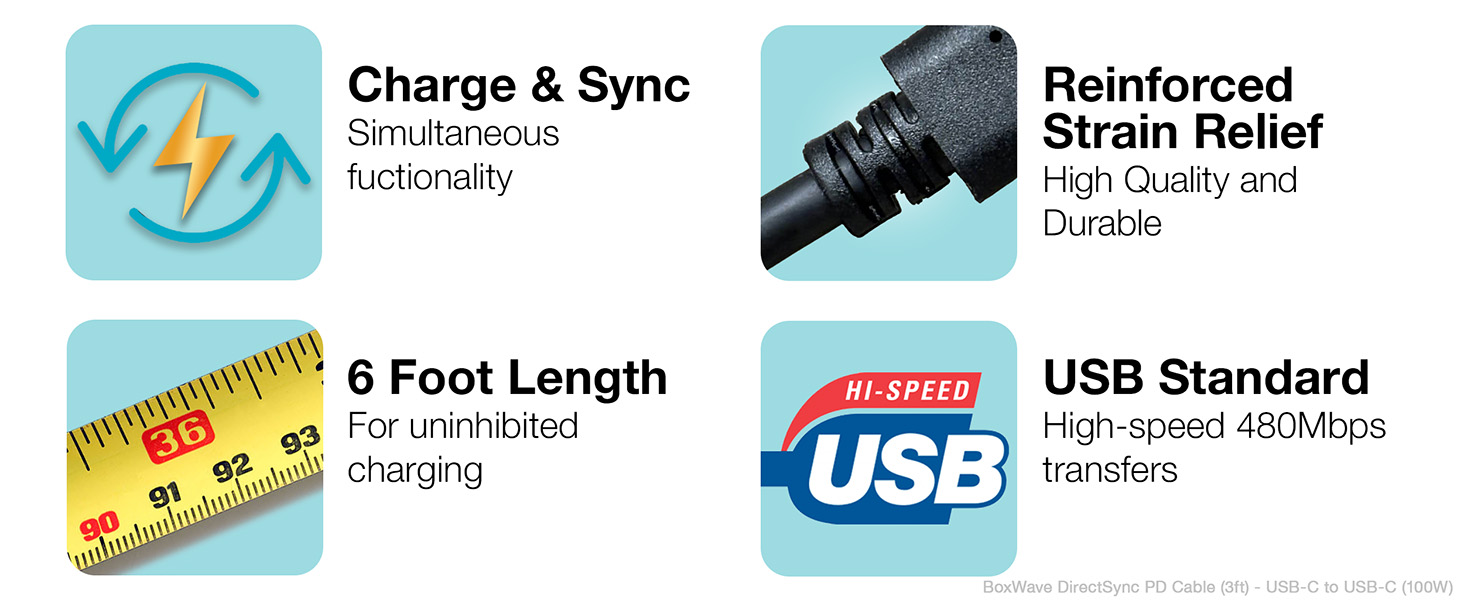 Les caractéristiques incluent une charge et une synchronisation simultanées, une longueur de 3 pieds, un serre-câble renforcé, USB 3.0