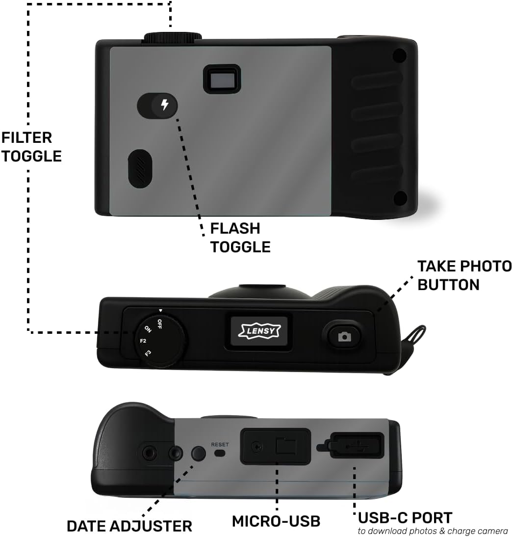 Appareil photo numérique sans écran LENSY | Quatre filtres intégrés | Rechargeable, 8 MP, léger, sans mise au point, flash automatique, facile à utiliser, réutilisable, photos de style film rétro (gris) – Image 5