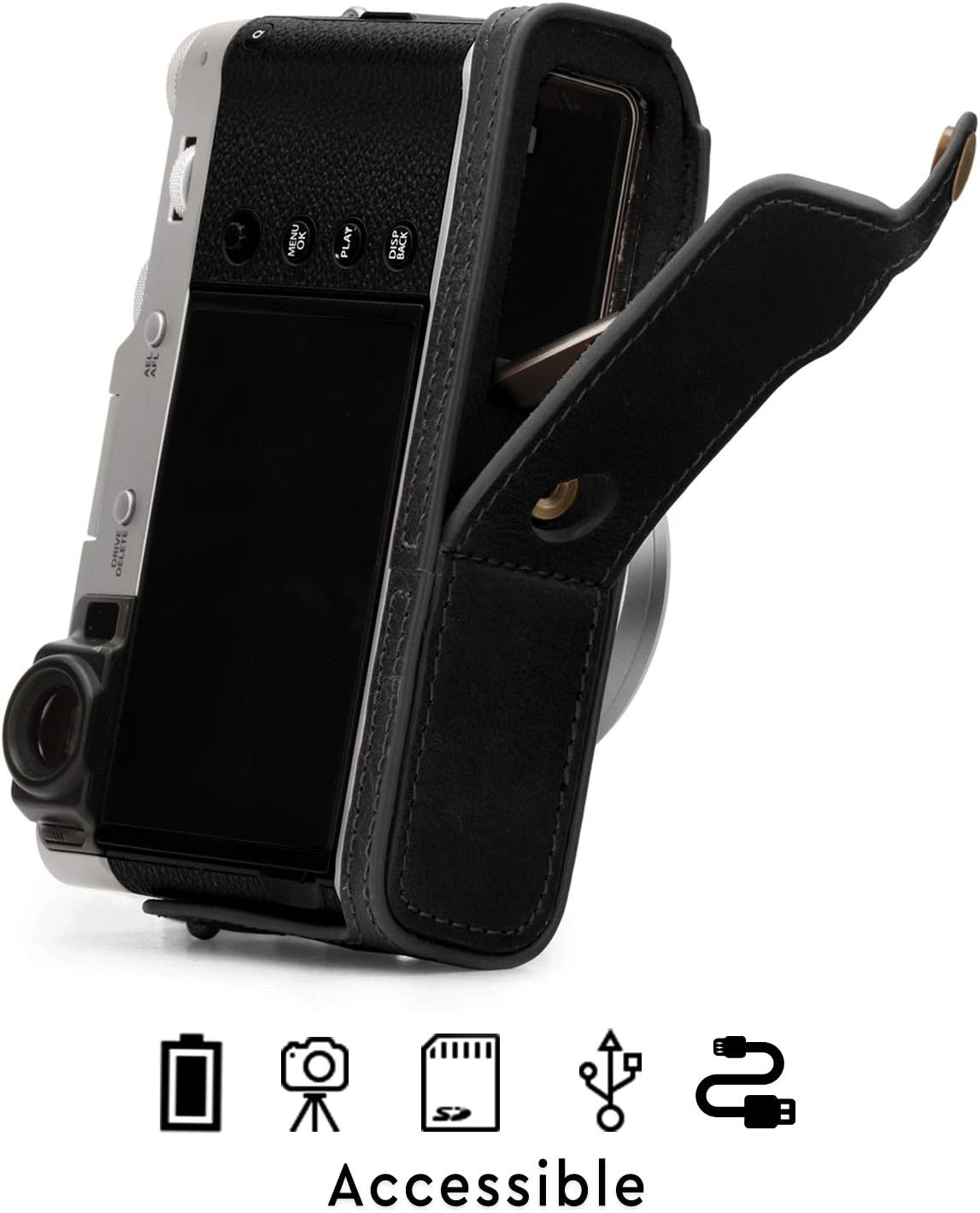 MegaGear MG1894 Ever Ready Demi-étui en cuir véritable pour appareil photo compatible avec Fujifilm X100V - Noir – Image 4