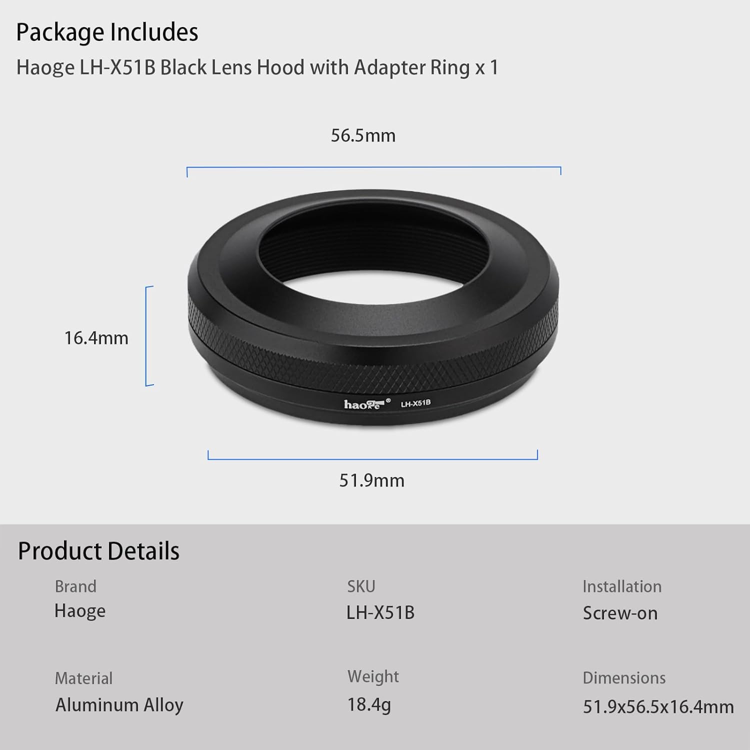 Haoge LH-X51B Pare-soleil ultra fin 2 en 1 entièrement en métal avec jeu de bagues d'adaptation pour accessoires d'appareil photo Fujifilm X100VI FinePix X100V Noir – Image 6