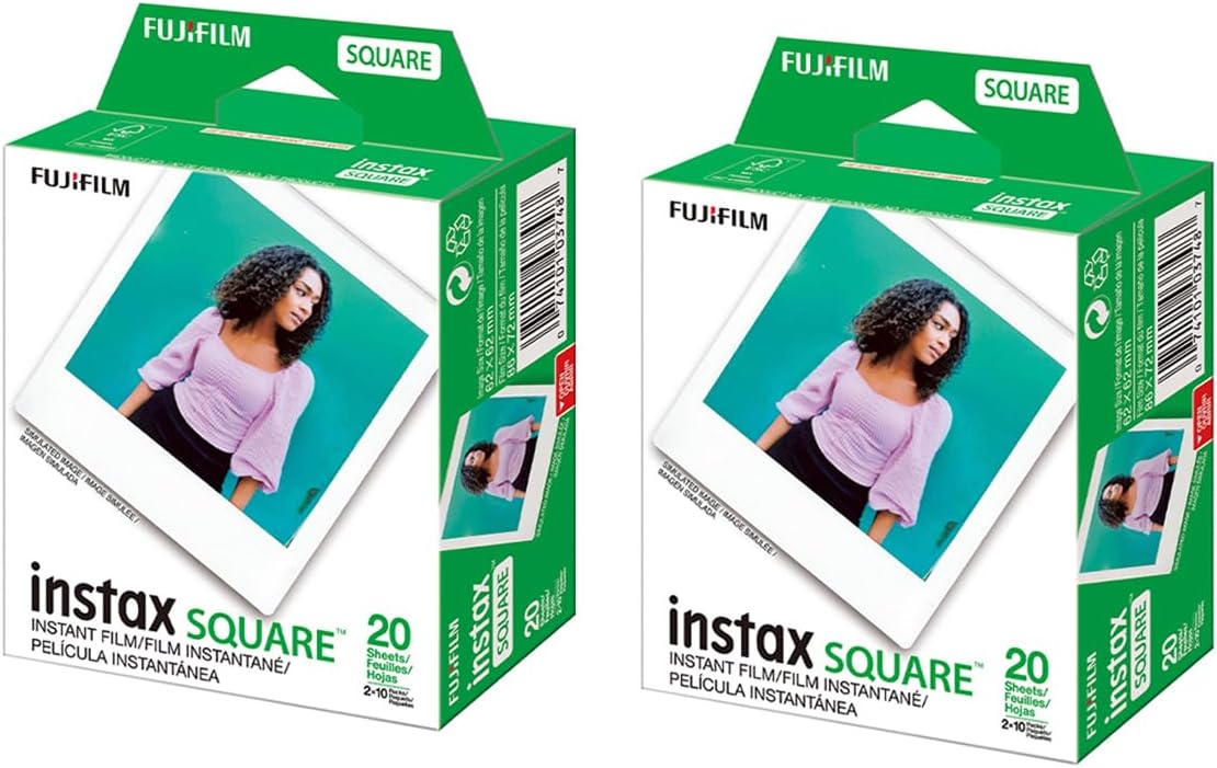 Fujifilm Lot de 2 films couleur instantanés carrés Instax, lot de 2 – 20 expositions (40 au total), cadre blanc