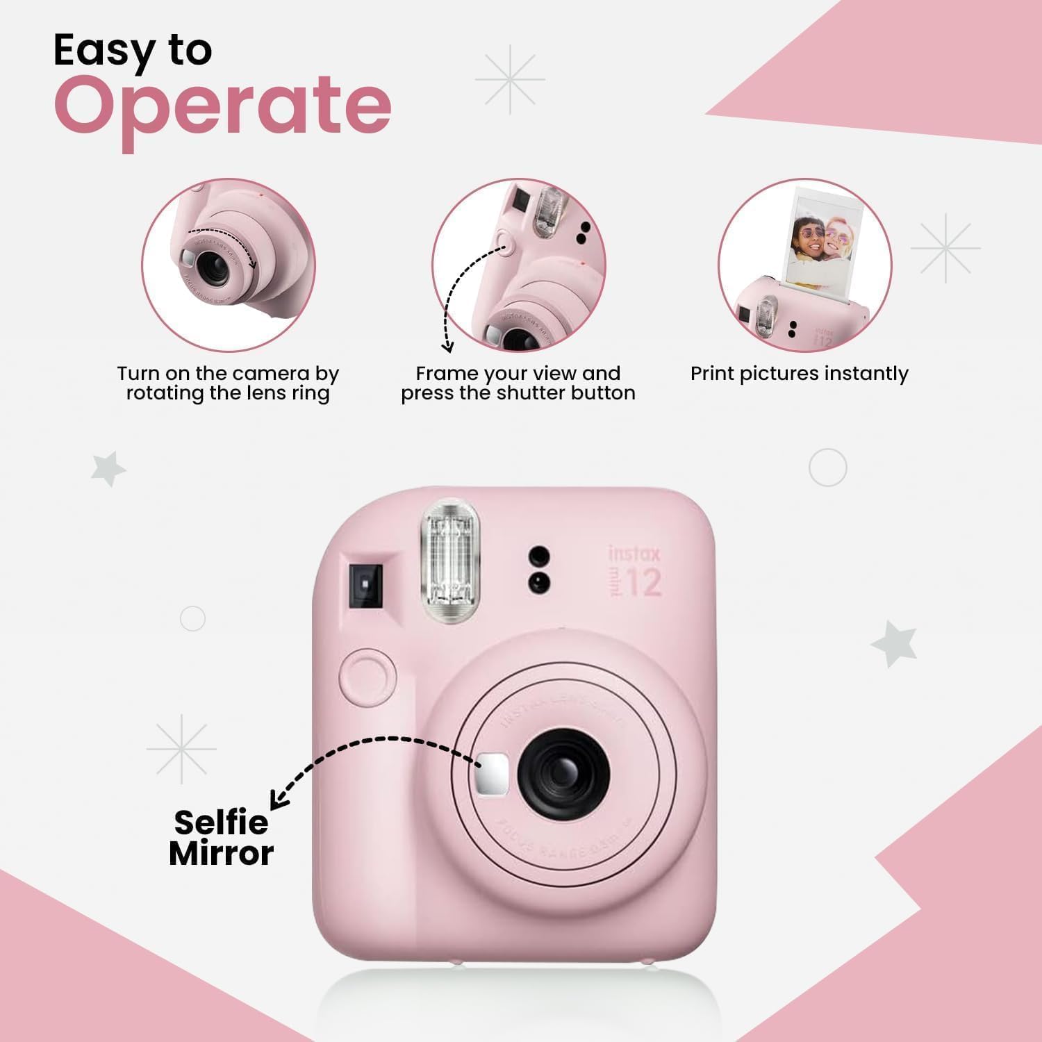 Appareil photo Fujifilm Instant Mini 12 + ensemble d'accessoires et étui personnalisé compatible + mini album photo Fuji Instant (20 photos) (60 pochettes) (rose fleuri) – Image 5
