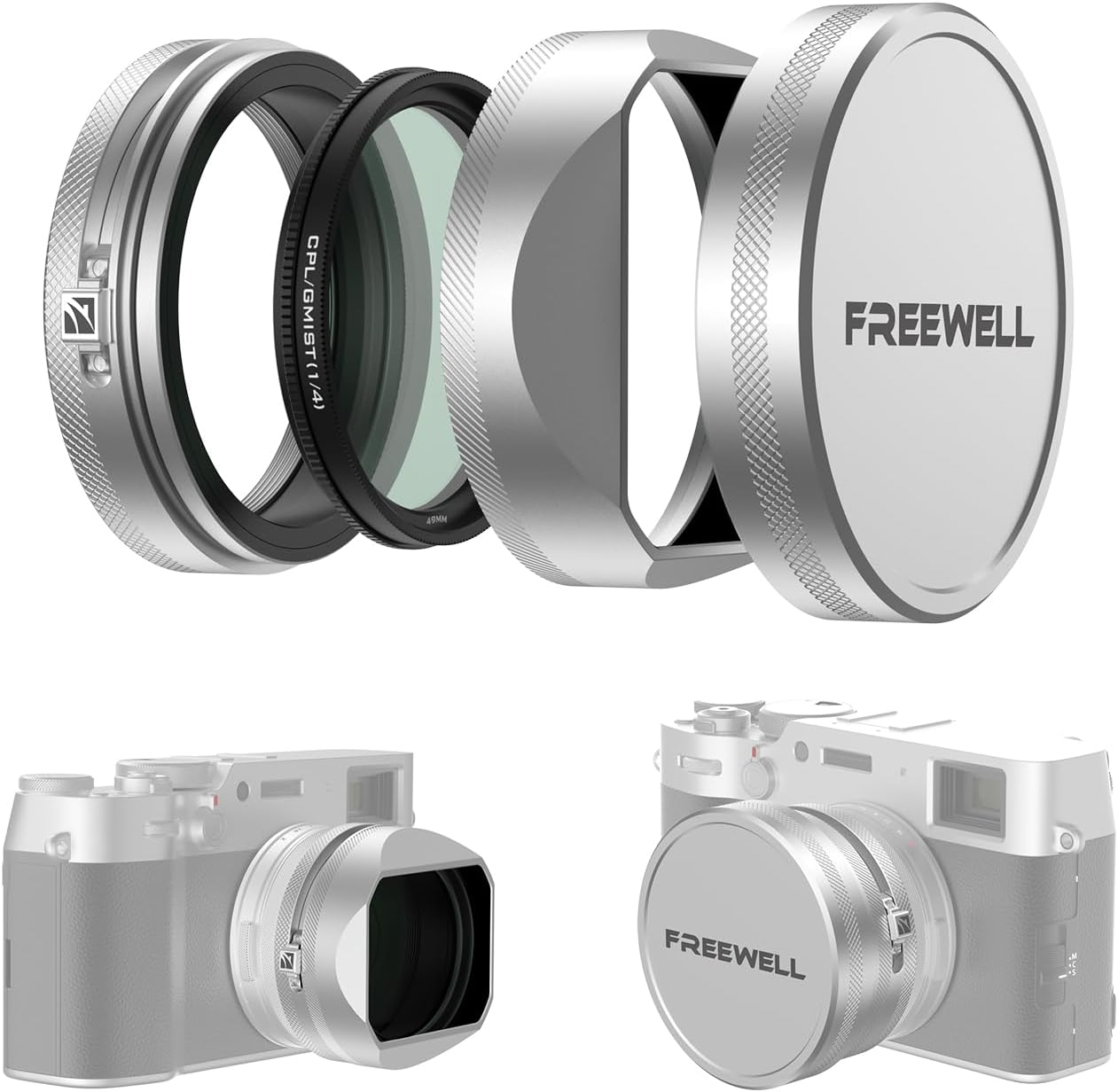 Freewell Kit de filtre CPL/Black Diffusion Mist (1/4) avec pare-soleil pour Fuji série X100 (X100VI, X100V, X100T, X100F, X100S, X100) (argent)