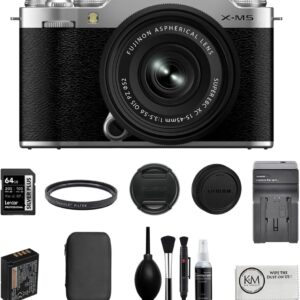 Appareil photo sans miroir FUJIFILM X-M5 avec objectif XC 15-45 mm f/3.5-5.6 | Pack Argent avec Carte Mémoire 64 Go + Chargeur de Batterie + Filtre UV + Kit de Démarrage Photo Deluxe + Chiffon de Nettoyage (6 Articles)