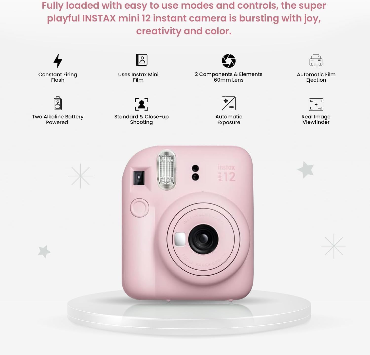 Appareil photo Fujifilm Instant Mini 12 + ensemble d'accessoires et étui personnalisé compatible + mini album photo Fuji Instant (20 photos) (60 pochettes) (rose fleuri) – Image 4
