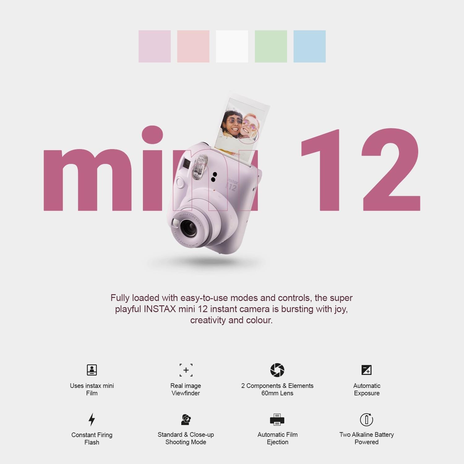 Fujifilm Instax Mini 12 Appareil photo instantané Blossom Rose + étui de transport + Fuji Instax Film Value Pack (40 feuilles) Accessoires Bundle, filtres couleur, album photo, cadres assortis – Image 2