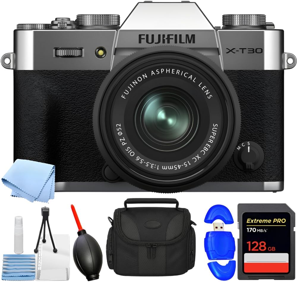 Appareil photo sans miroir SSE FUJIFILM X-T30 II avec objectif XC 15-45 mm OIS PZ argent, sac/étui pour gadget moyen, souffleur, lecteur de carte SD, chiffon de nettoyage, kit de démarrage (lot).