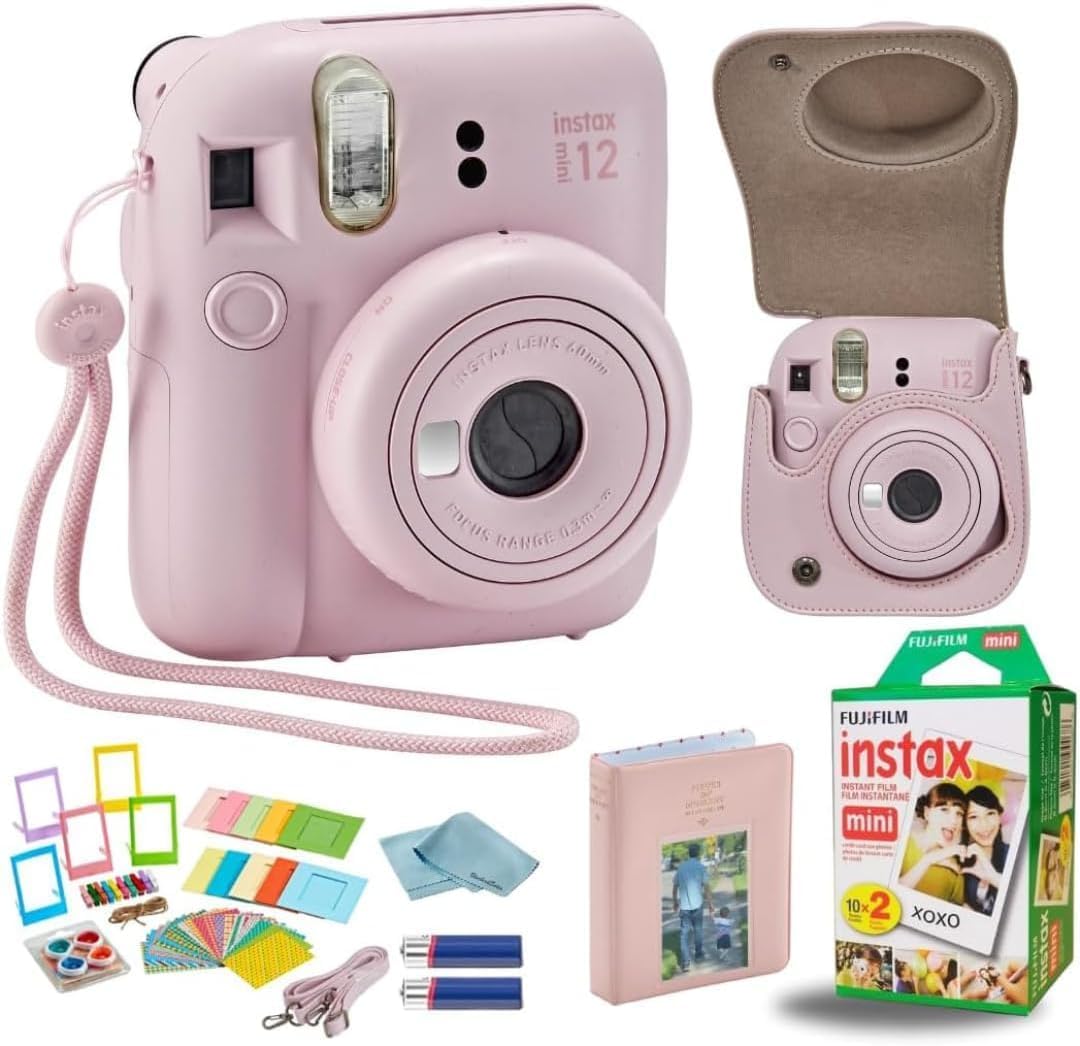 Appareil photo Fujifilm Instant Mini 12 + ensemble d'accessoires et étui personnalisé compatible + mini album photo Fuji Instant (20 photos) (60 pochettes) (rose fleuri)