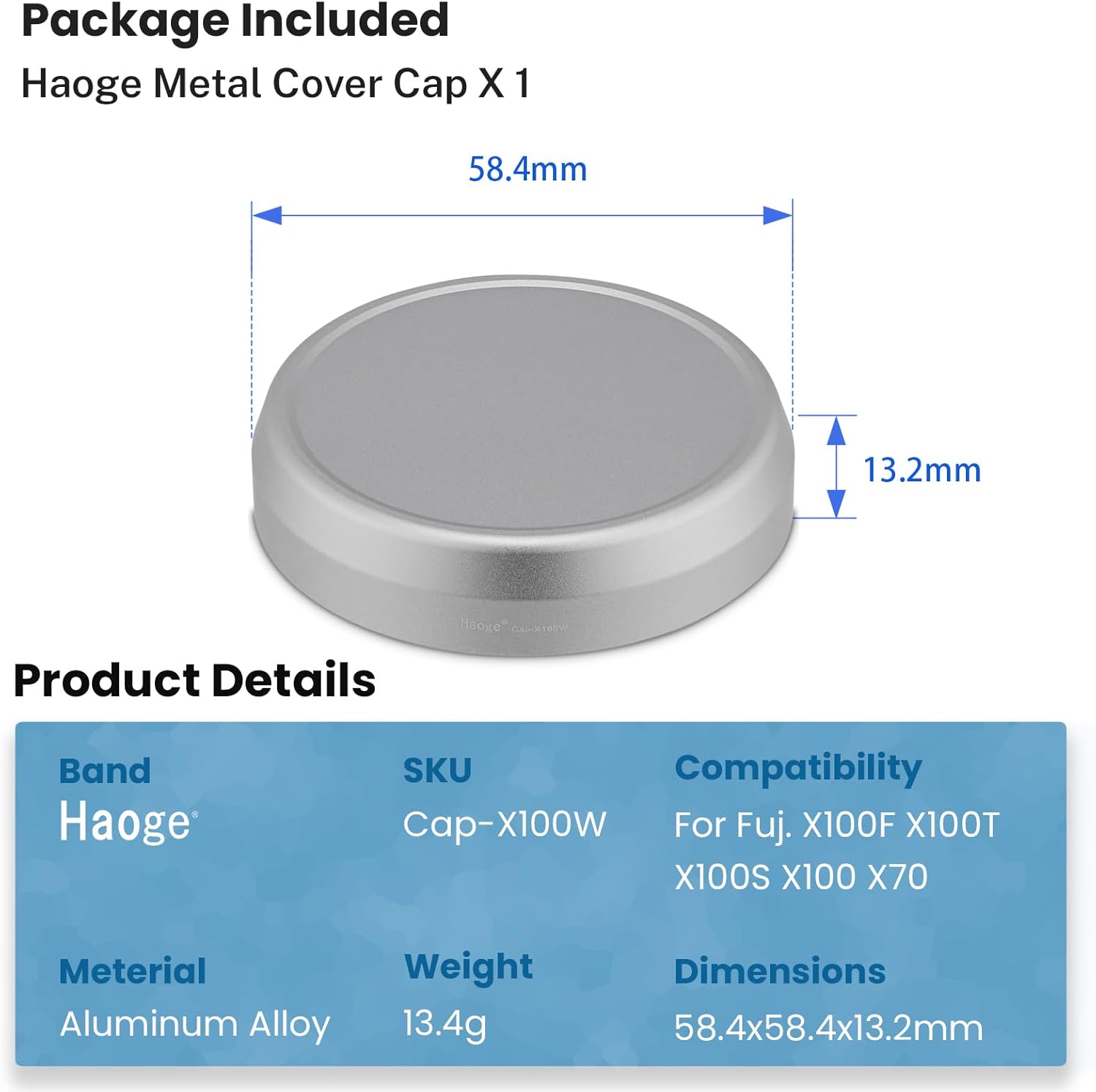 Haoge Cap-X100W Capuchon d'objectif en métal pour appareil photo Fujifilm Fuji X100F X100S X100T X100 X70 Argent – Image 6