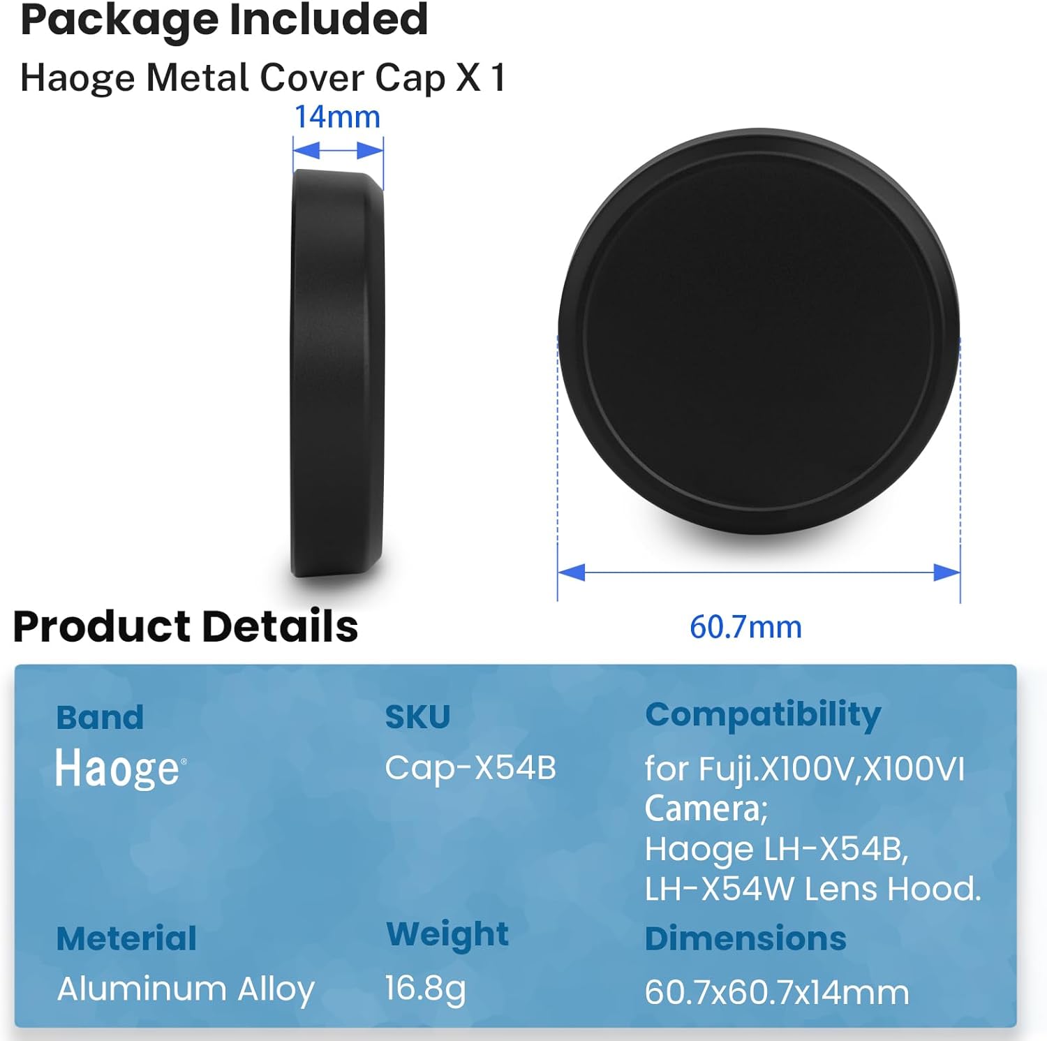 Haoge Cap-X54B Capuchon d'objectif en métal pour Fujifilm X100VI Fuji X100V Accessoires d'appareil photo Noir Compatible avec Pare-Soleil Haoge LH-X54B – Image 6