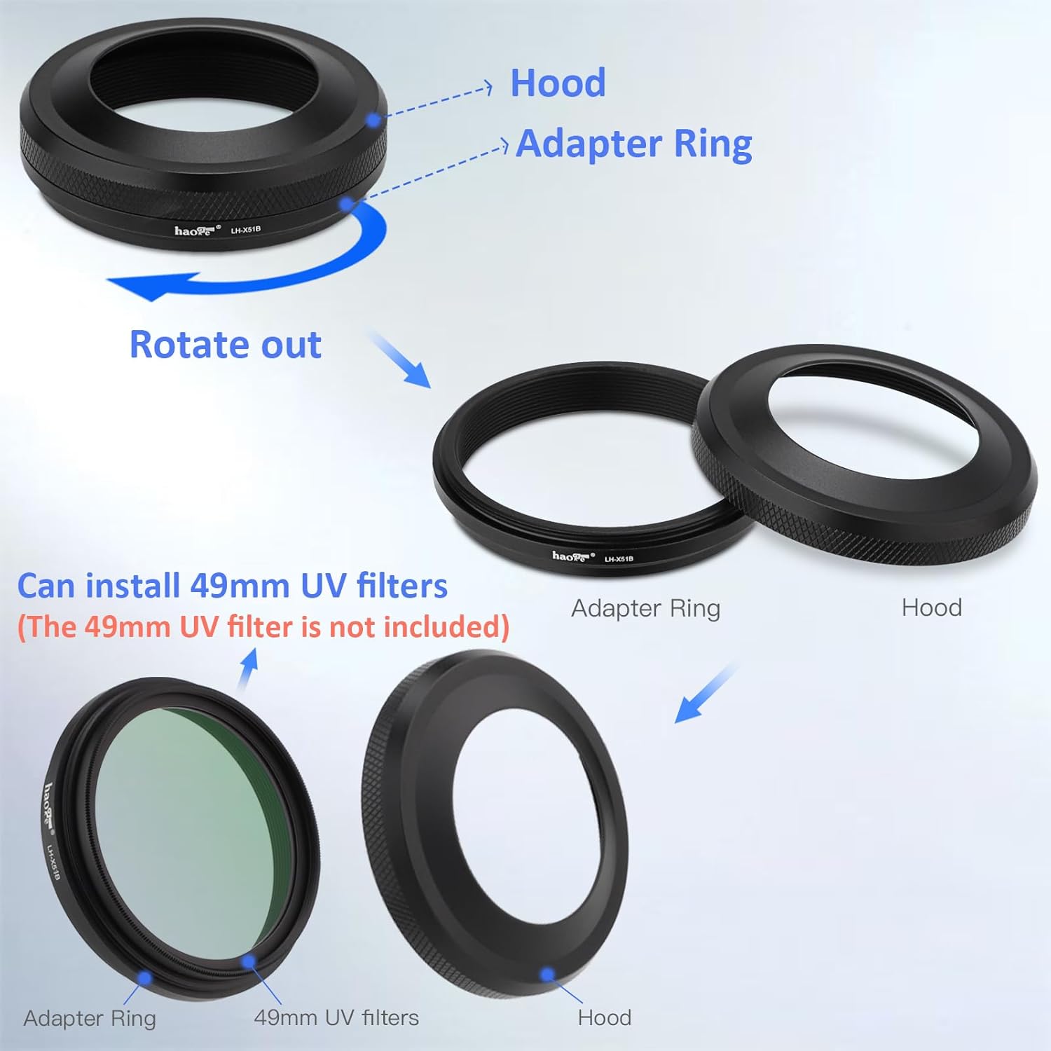 Haoge LH-X51B Pare-soleil ultra fin 2 en 1 entièrement en métal avec jeu de bagues d'adaptation pour accessoires d'appareil photo Fujifilm X100VI FinePix X100V Noir – Image 4