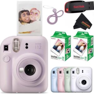 Fujifilm Instax Mini 12 Appareil photo instantané Lilas Violet avec clé USB Sandisk 32 Go + 40 feuilles Fujifilm Instax Mini Film Bundle, Sunshine Photo Chiffon de nettoyage en microfibre inclus