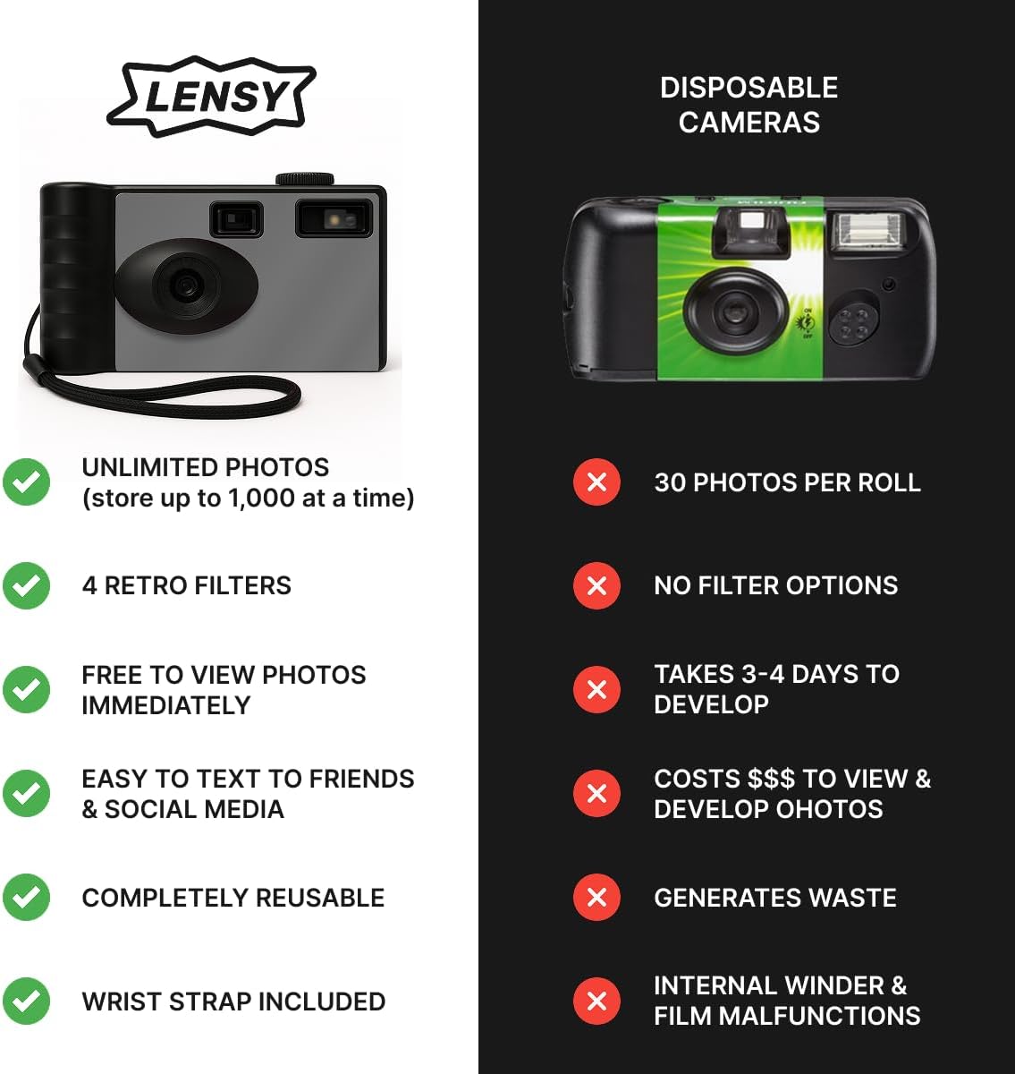 Appareil photo numérique sans écran LENSY | Quatre filtres intégrés | Rechargeable, 8 MP, léger, sans mise au point, flash automatique, facile à utiliser, réutilisable, photos de style film rétro (gris) – Image 2