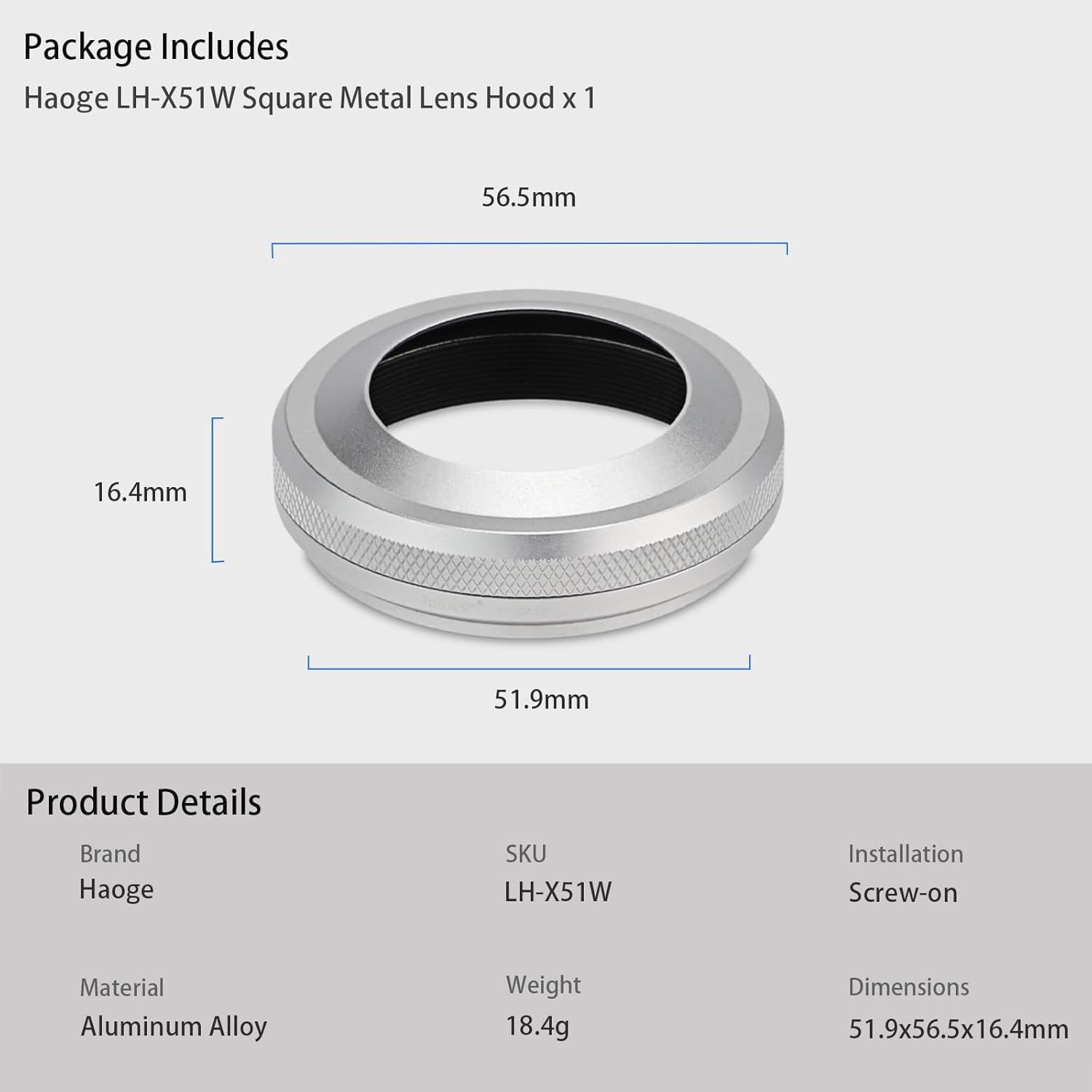Haoge LH-X51W Pare-soleil ultra-mince 2 en 1 entièrement en métal avec jeu de bagues d'adaptation pour appareil photo Fuji X100VI Fujifilm FinePix X100V Argent – Image 6