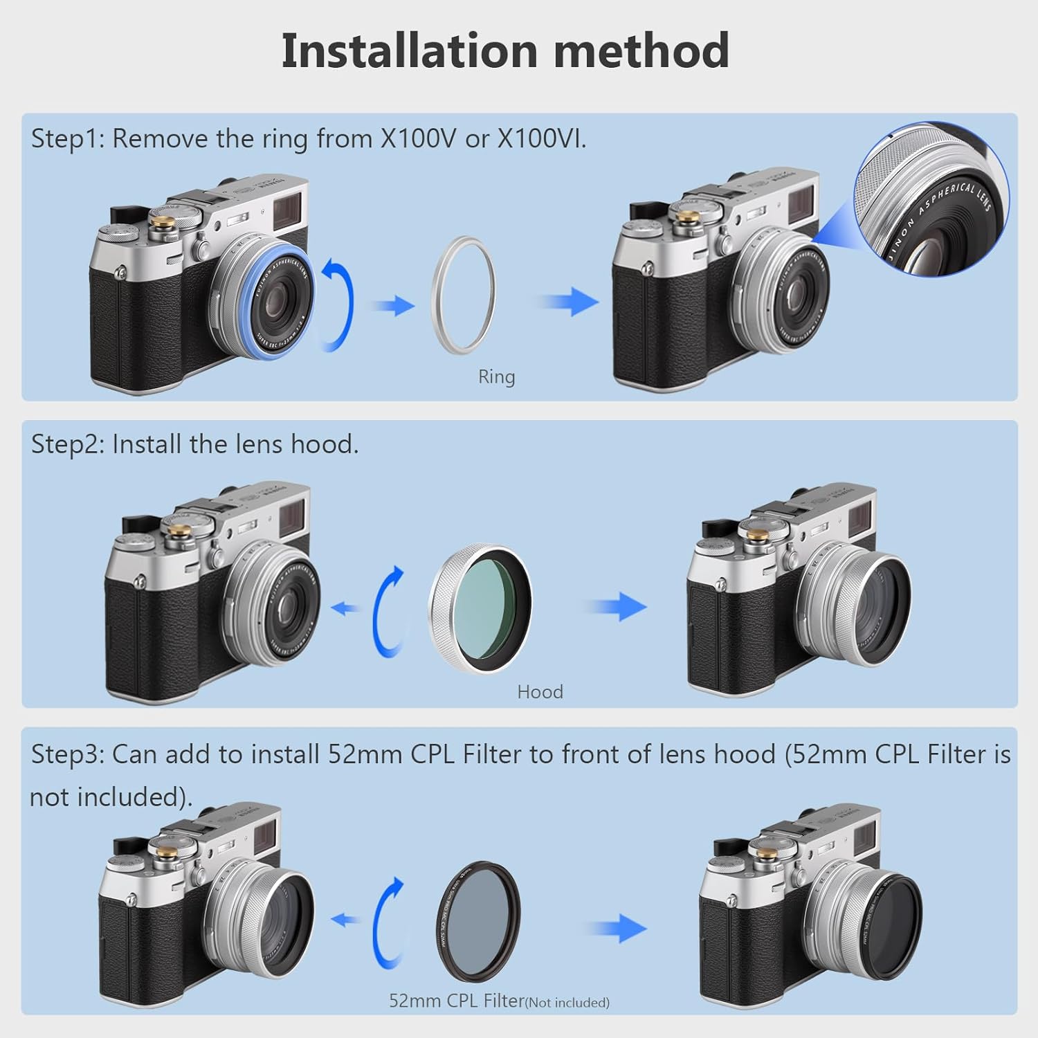 Haoge LUV-X54W Pare-soleil en métal avec protection UV MC Filtre d'objectif ultraviolet multicouche pour appareil photo Fujifilm X100VI Fuji X100V Argent – Image 9