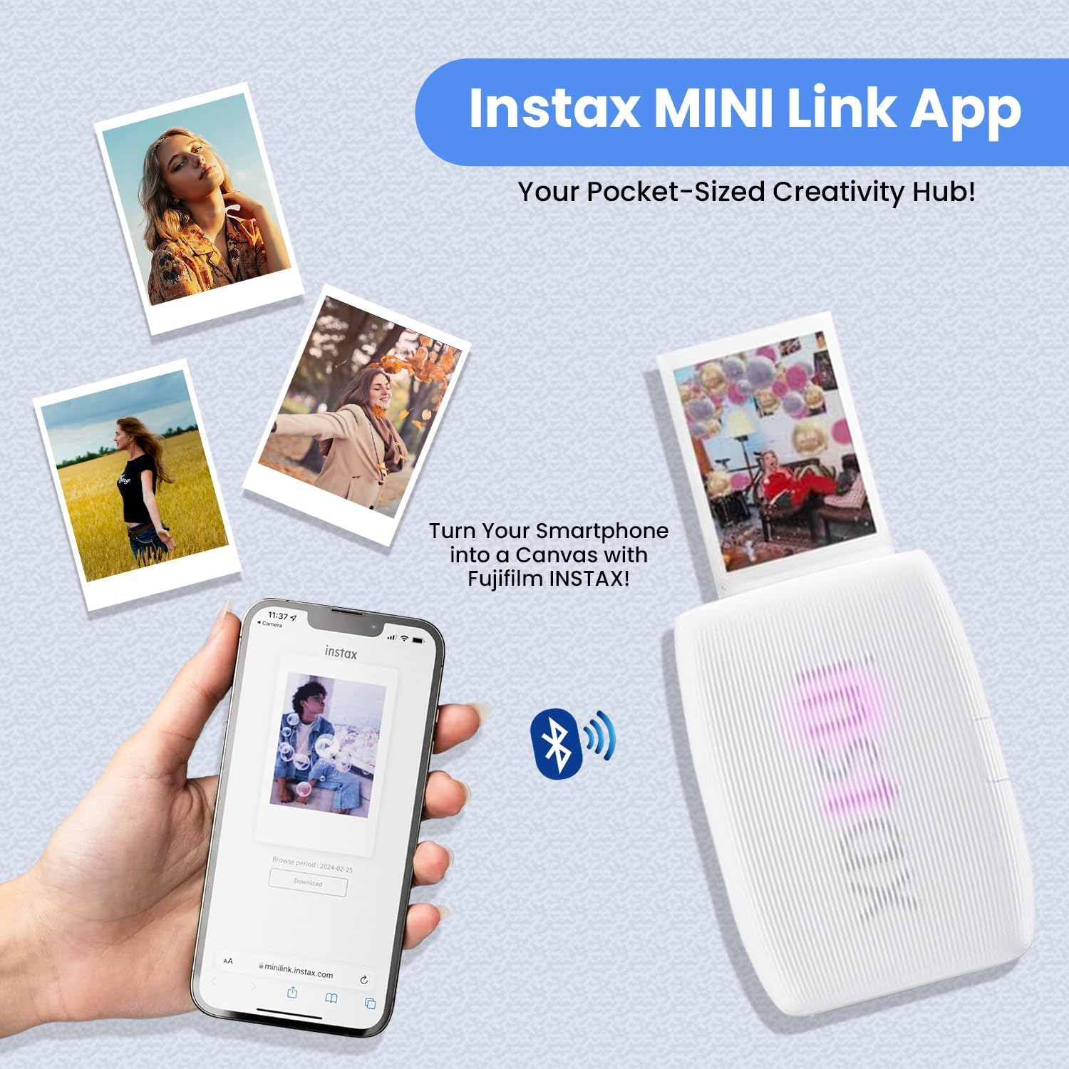 Imprimante pour smartphone Fujifilm INSTAX Mini Link 3 + film instantané INSTAX Mini (20 feuilles) + chargeur mural USB + sac de voyage BluebirdSales, album photo, chiffon de nettoyage en microfibre (rose rose) – Image 3