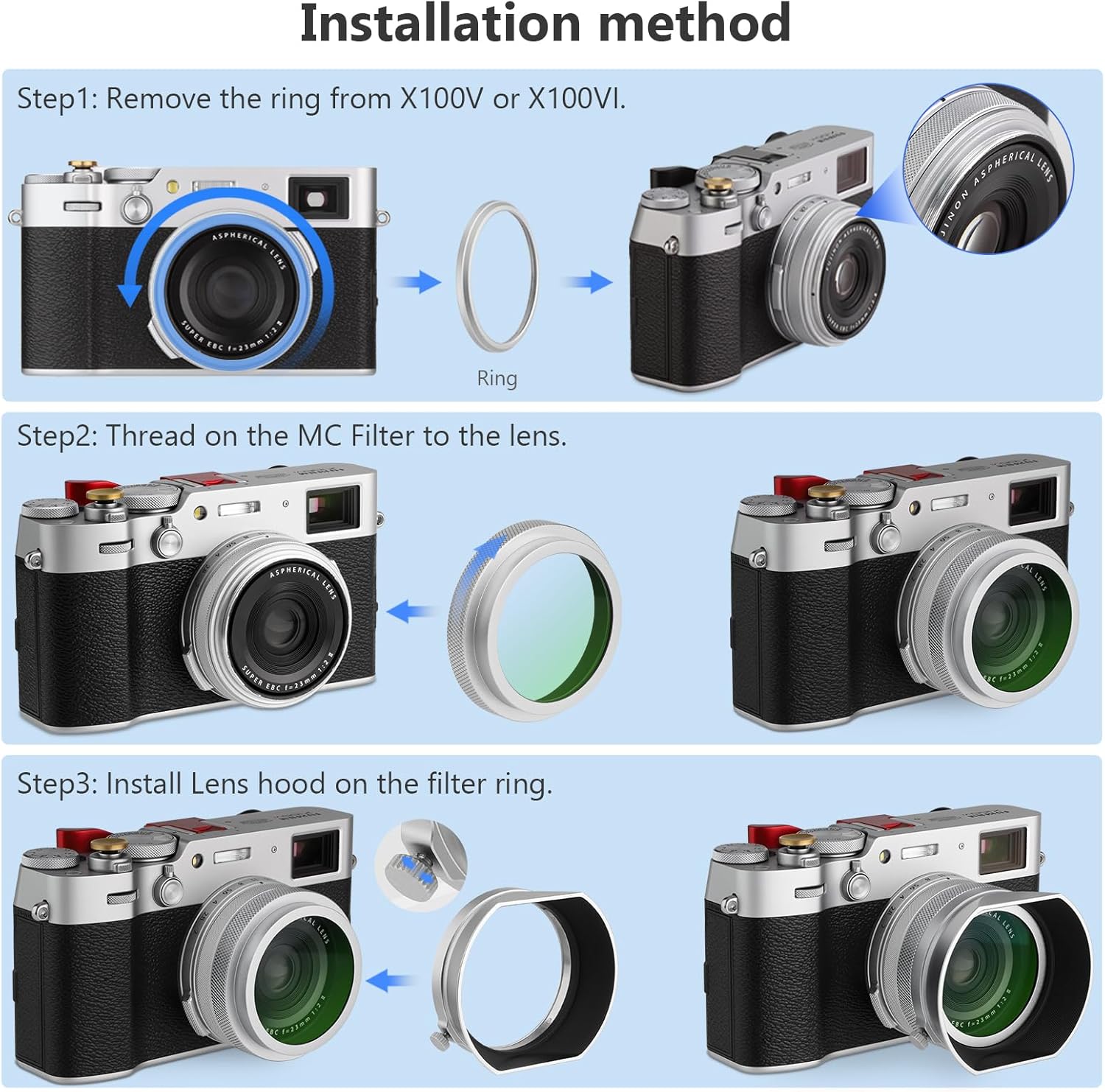 Haoge MC Filtre de protection UV et objectif de pare-soleil carré en métal pour Fujifilm X100 Series X100VI X100V X100F X100T Accessoires d'appareil photo Filtre UV en verre optique HD étanche – Image 9