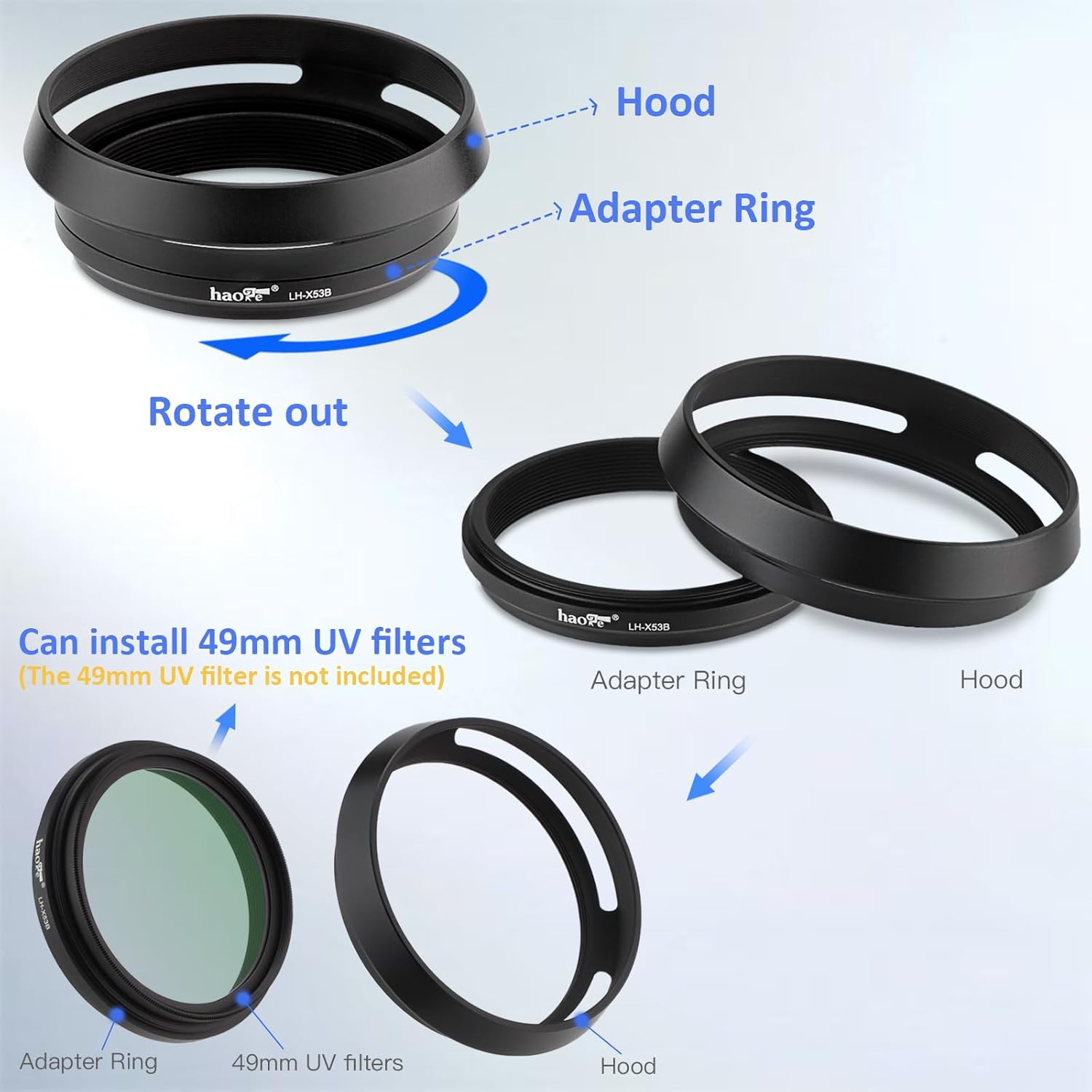 Haoge LH-X53B Pare-soleil 3 en 1 avec bague d'adaptation et capuchon pour appareil photo Fujifilm X100VI Fuji FinePix X70 X100 X100S X100T X100F X100V Noir remplace Fujifilm LH-X100 – Image 6