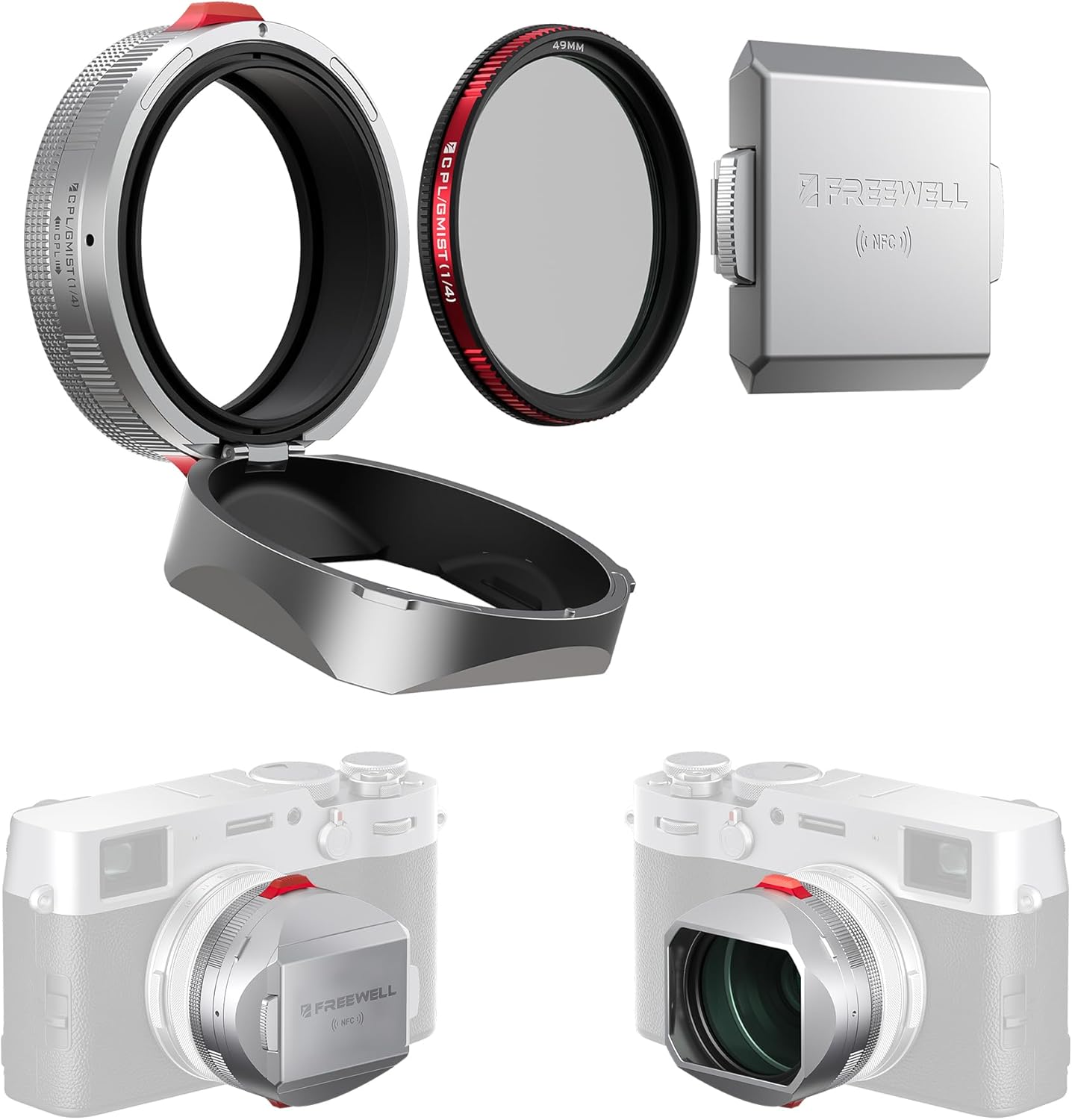 Freewell The Real Lens Hood – Filtre hybride CPL/Mist, rabattable, fonctionnement du filtre sans contact pour Fuji X100VI, X100V, X100 Series (Argent)