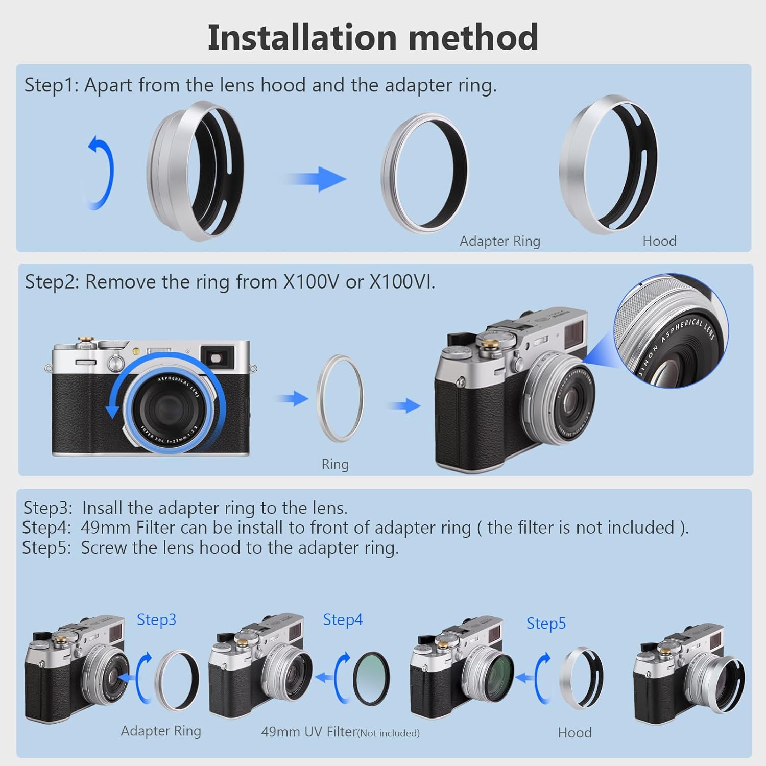 Haoge LH-X53W Pare-soleil 3 en 1 avec bague d'adaptation et capuchon pour appareil photo Fujifilm x100vi Fuji FinePix X70 X100 X100S X100T X100F X100V Argent remplace Fujifilm LH-X100 – Image 8