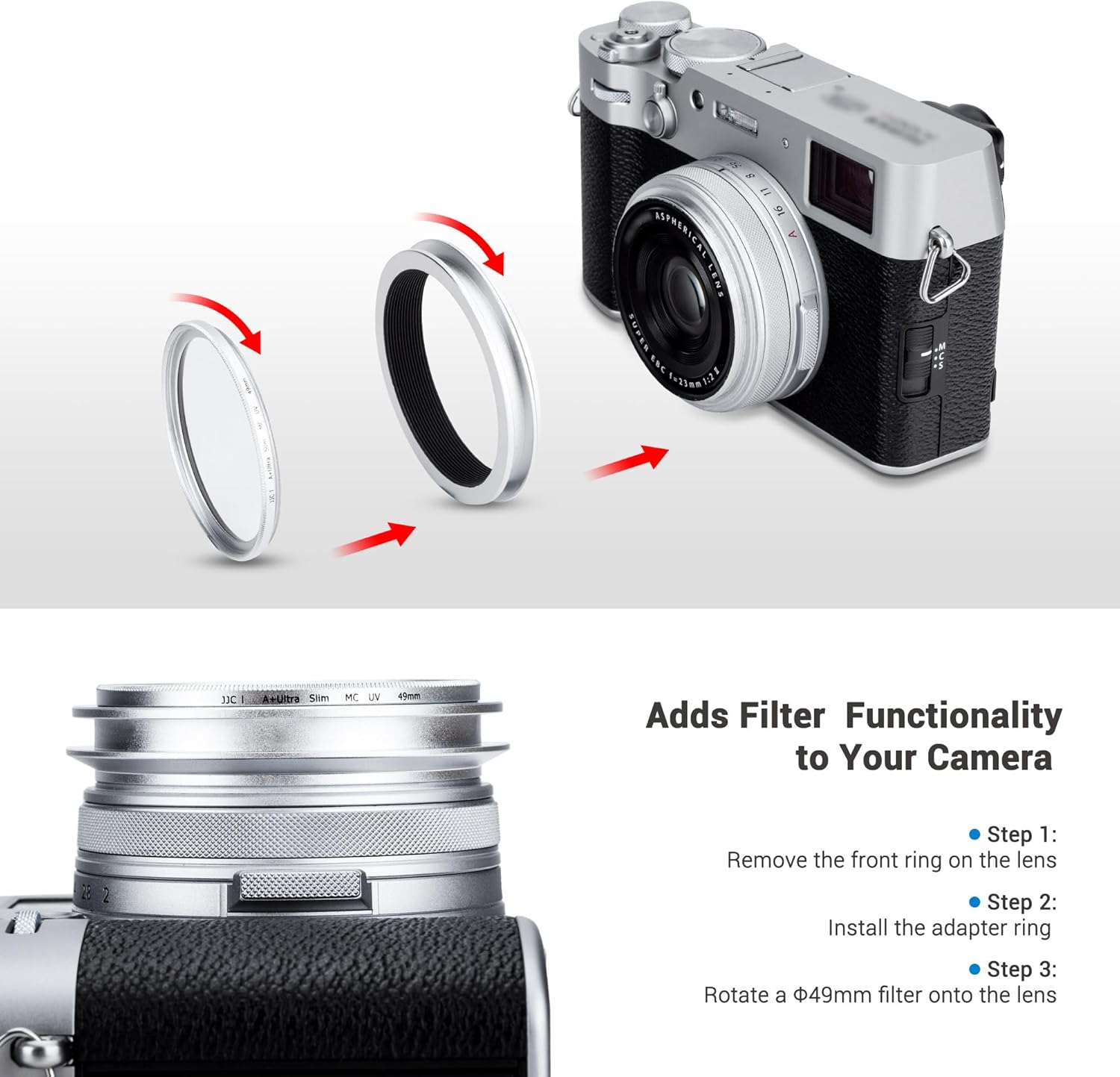 JJC LH-X100 Pare-soleil carré en métal avec bague d'adaptation AR-X100 49 mm pour appareils photo Fuji Fujifilm X100VI X100V X100F, pare-soleil LH-X100 avec bague d'adaptation de filtre, permet de fixer un filtre UV/ND/CPL de 49 mm – Image 6