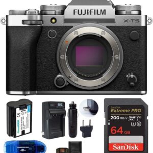 Ensemble boîtier pour appareil photo numérique sans miroir Fujifilm X-T5, comprenant : carte mémoire SanDisk Extreme PRO SDXC 64 Go, batterie de rechange et plus (6 pièces) (argent)