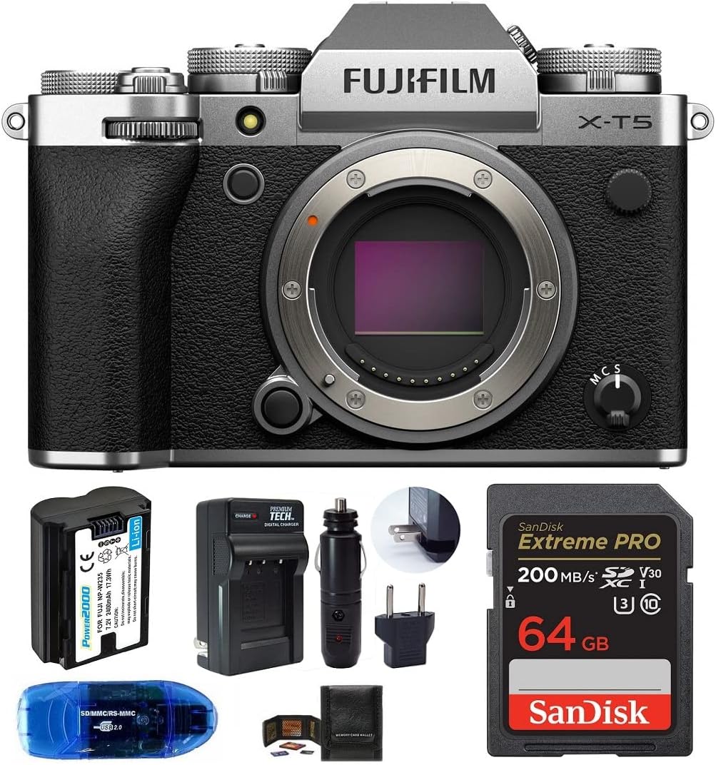Ensemble boîtier pour appareil photo numérique sans miroir Fujifilm X-T5, comprenant : carte mémoire SanDisk Extreme PRO SDXC 64 Go, batterie de rechange et plus (6 pièces) (argent)