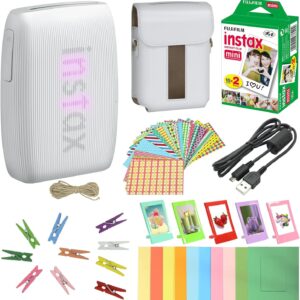 Bundle avec imprimante compatible pour smartphone Fuji Mini Link 3 Clay White + Fuji Film Value Pack 20 feuilles d'accessoires avec album + 5 cadres de bureau en plastique + cadres en papier et autocollants (blanc argile)