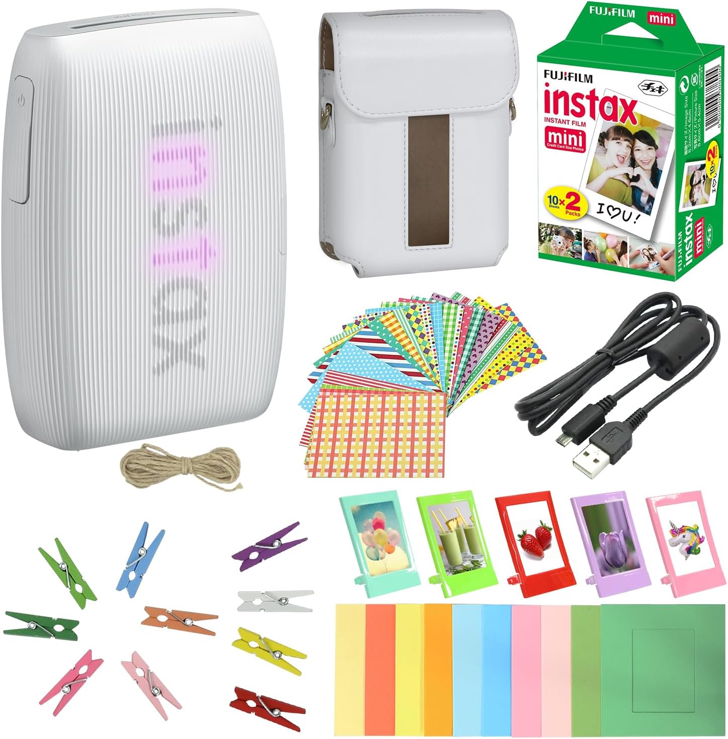 Bundle avec imprimante compatible pour smartphone Fuji Mini Link 3 Clay White + Fuji Film Value Pack 20 feuilles d'accessoires avec album + 5 cadres de bureau en plastique + cadres en papier et autocollants (blanc argile)