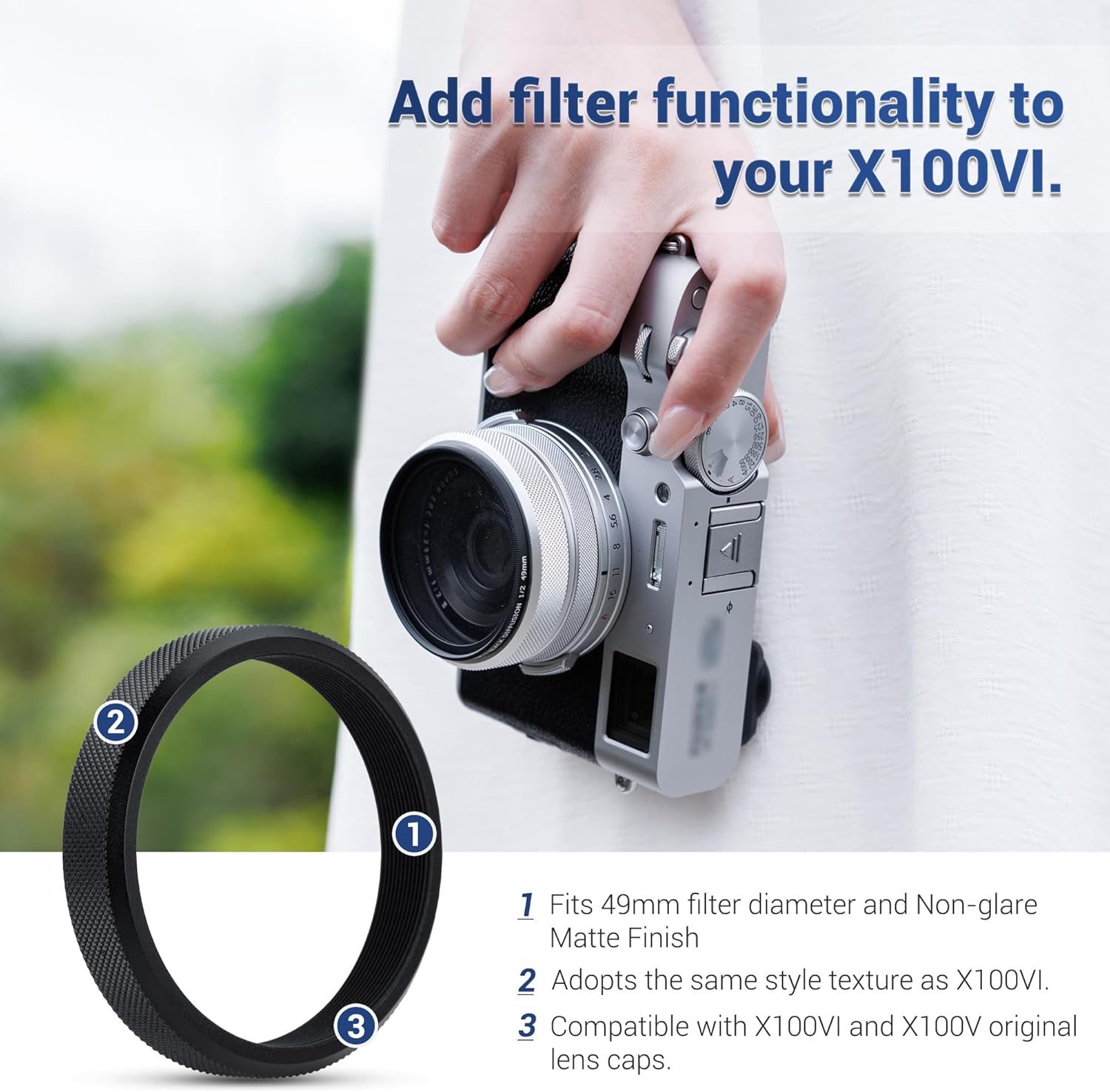 JJC AR-X100 Bague d'adaptation de filtre d'objectif en métal pour appareil photo Fuji Fujifilm X100VI X100V X100F X100T X100S X100 Fixation de filtre UV ND CPL 49 mm et capuchon d'objectif Fuji FLCP-49, remplace la bague d'adaptation Fuji AR-X100, Noir – Image 3