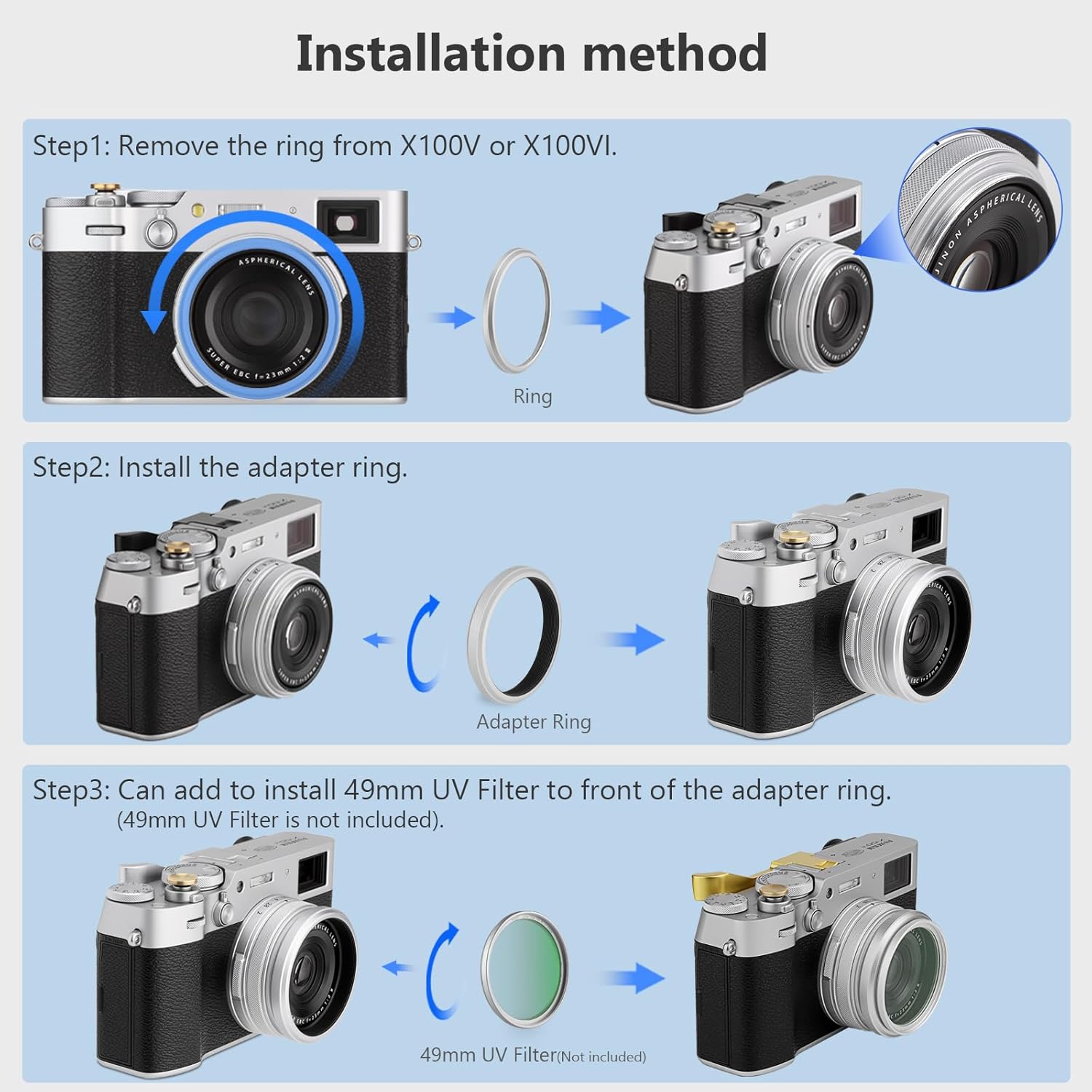 Haoge Bague d'adaptation de filtre d'objectif 49 mm pour appareil photo Fujifilm Fujinon X100VI X100V compatible avec filtre UV CPL ND 49 mm pour capuchon d'objectif d'origine Argenté LAR-X55S – Image 9
