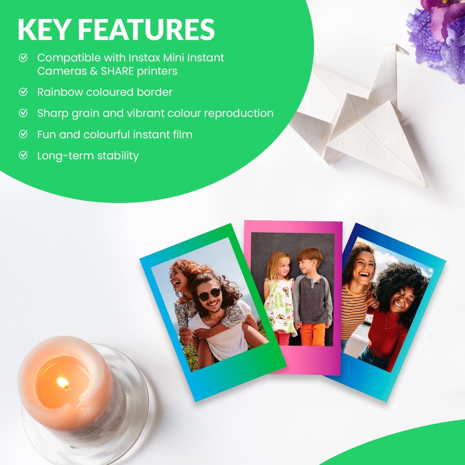 Fujifilm Instax Mini Film arc-en-ciel instantané, 20 feuilles + chiffon de nettoyage en microfibre BluebirdSales – Image 6