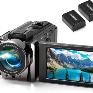 Kimire Caméra vidéo Caméscope Enregistreur d'appareil photo numérique Full HD 1080P 15FPS 24MP 3,0 pouces Rotation à 270 degrés LCD Caméscope à zoom numérique 16X avec 2 piles (Noir)