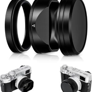 Pare-soleil carré en métal X100VI avec capuchon et anneau adaptateur de filtre 49 mm, couvercle de protection pour appareil photo Fujifilm Fuji X100VI X100V X100F, bloque la lumière parasite (filtre non inclus) – Noir