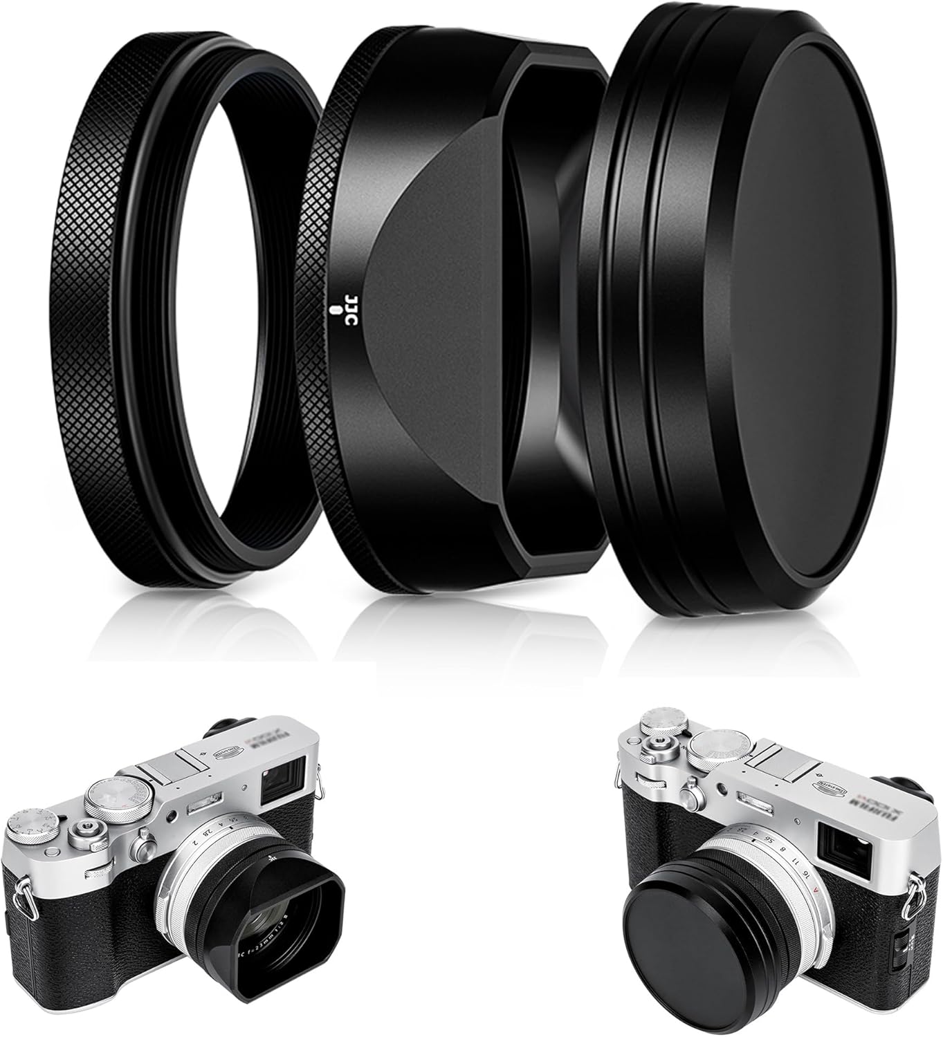 Pare-soleil carré en métal X100VI avec capuchon et anneau adaptateur de filtre 49 mm, couvercle de protection pour appareil photo Fujifilm Fuji X100VI X100V X100F, bloque la lumière parasite (filtre non inclus) – Noir
