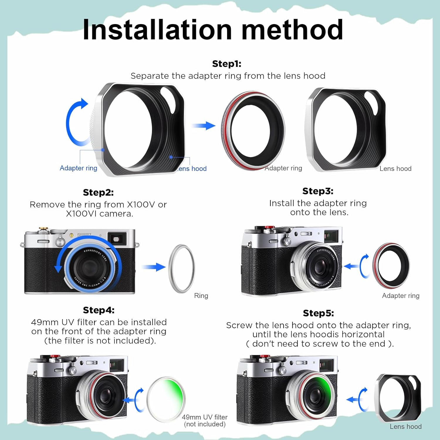 Haoge Pare-soleil carré en métal pour Fujifilm X100VI X100V X100F X100T X100S X70 Accessoires pour appareil photo Fuji Argent avec anneau adaptateur de filtre UV 49 mm creux conçu LH-X1006-PS – Image 7