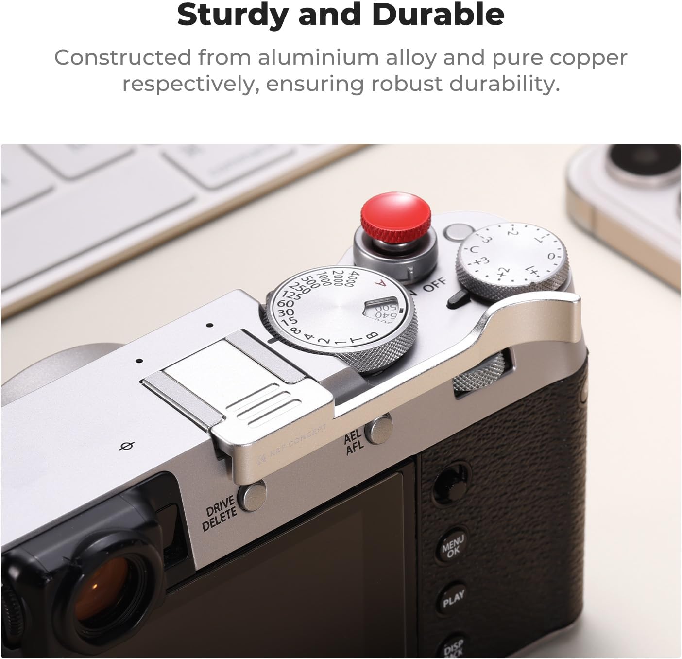 K&F CONCEPT Poignée de pouce pour appareil photo avec bouton d'obturation rouge compatible avec FUJIFILM X100VI X100V Argenté – Image 2