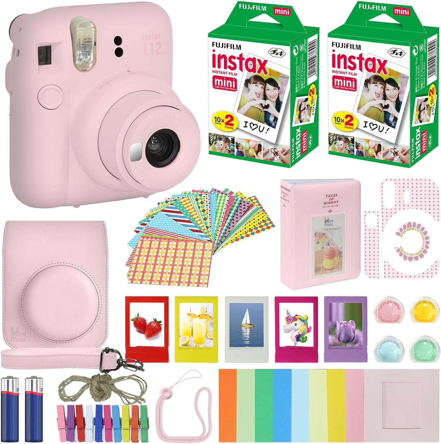 Fujifilm Instax Mini 12 Appareil photo instantané Blossom Rose + étui de transport + Fuji Instax Film Value Pack (40 feuilles) Accessoires Bundle, filtres couleur, album photo, cadres assortis