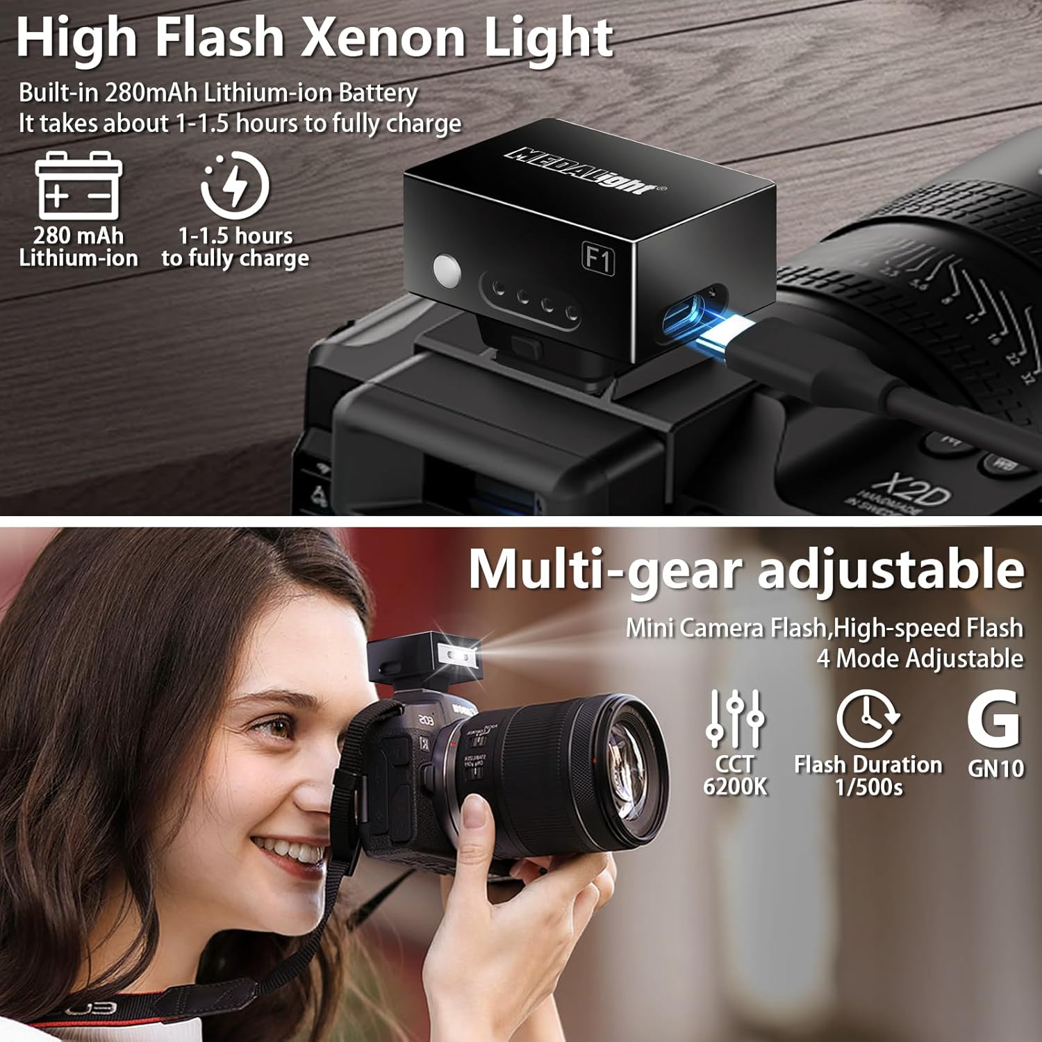 Mise à niveau du mini flash d'appareil photo F1 en aluminium avec diffuseur pour Ricoh GR3/GR3X/Fuji/Sony ZV1/Nikon/Canon/Olympus/appareils photo numériques, sabot Speedlite portable pour appareil photo reflex numérique (noir). – Image 7