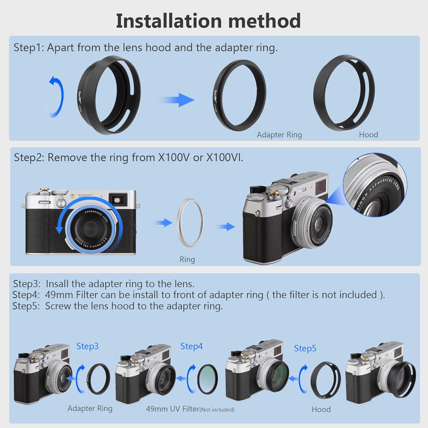 Haoge LH-X53B Pare-soleil 3 en 1 avec bague d'adaptation et capuchon pour appareil photo Fujifilm X100VI Fuji FinePix X70 X100 X100S X100T X100F X100V Noir remplace Fujifilm LH-X100 – Image 7