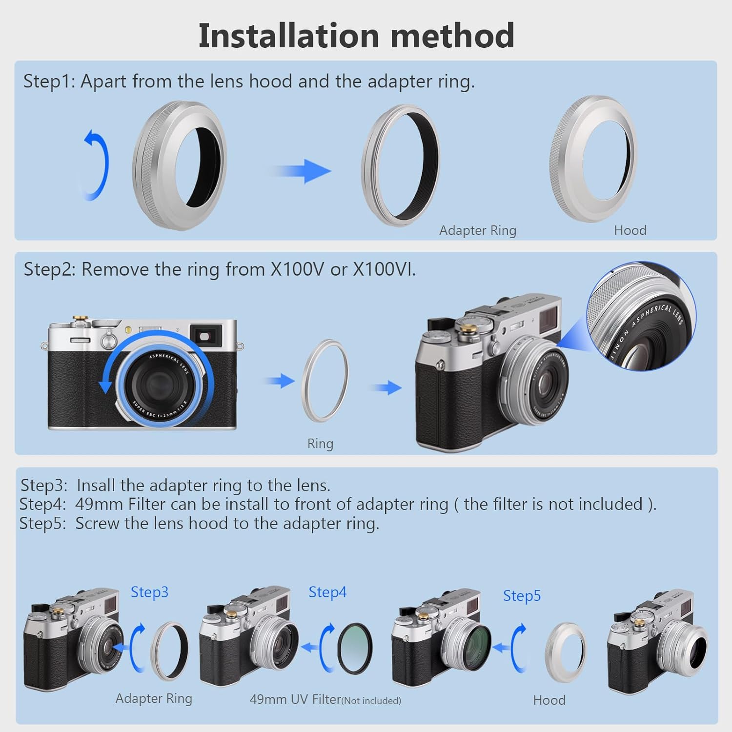 Haoge LH-X51W Pare-soleil ultra-mince 2 en 1 entièrement en métal avec jeu de bagues d'adaptation pour appareil photo Fuji X100VI Fujifilm FinePix X100V Argent – Image 8
