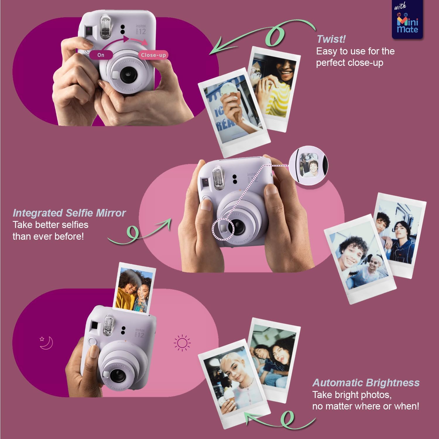 Fujifilm Instax Mini 12 Appareil photo instantané Blossom Rose + étui de transport + Fuji Instax Film Value Pack (40 feuilles) Accessoires Bundle, filtres couleur, album photo, cadres assortis – Image 3