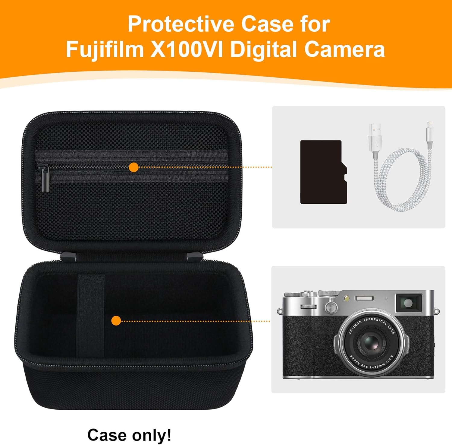 RAIALL Étui de transport pour appareil photo numérique Fujifilm X100VI/X100V/X-E5, étui de transport rigide pour appareil photo Vlogging, sac de voyage de protection, poche en filet pour batterie, carte SD et câble USB, noir – Image 3