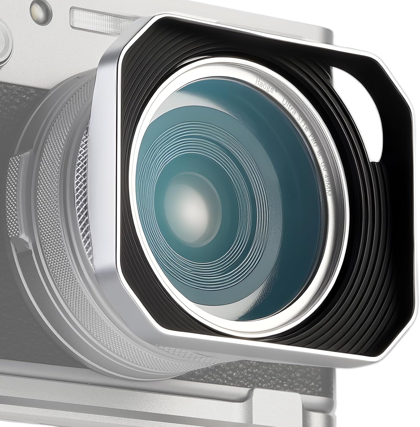 Haoge Pare-soleil carré en métal pour Fujifilm X100VI X100V X100F X100T X100S X70 Accessoires pour appareil photo Fuji Argent avec anneau adaptateur de filtre UV 49 mm creux conçu LH-X1006-PS