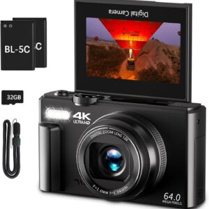Appareil photo numérique 4K pour la photographie, appareil photo de vlogging 64 MP pour YouTube avec écran rabattable de 3" à 180°, zoom numérique 18X et caméra de prise de vue avec carte micro SD de 32 Go pour débutant (noir)