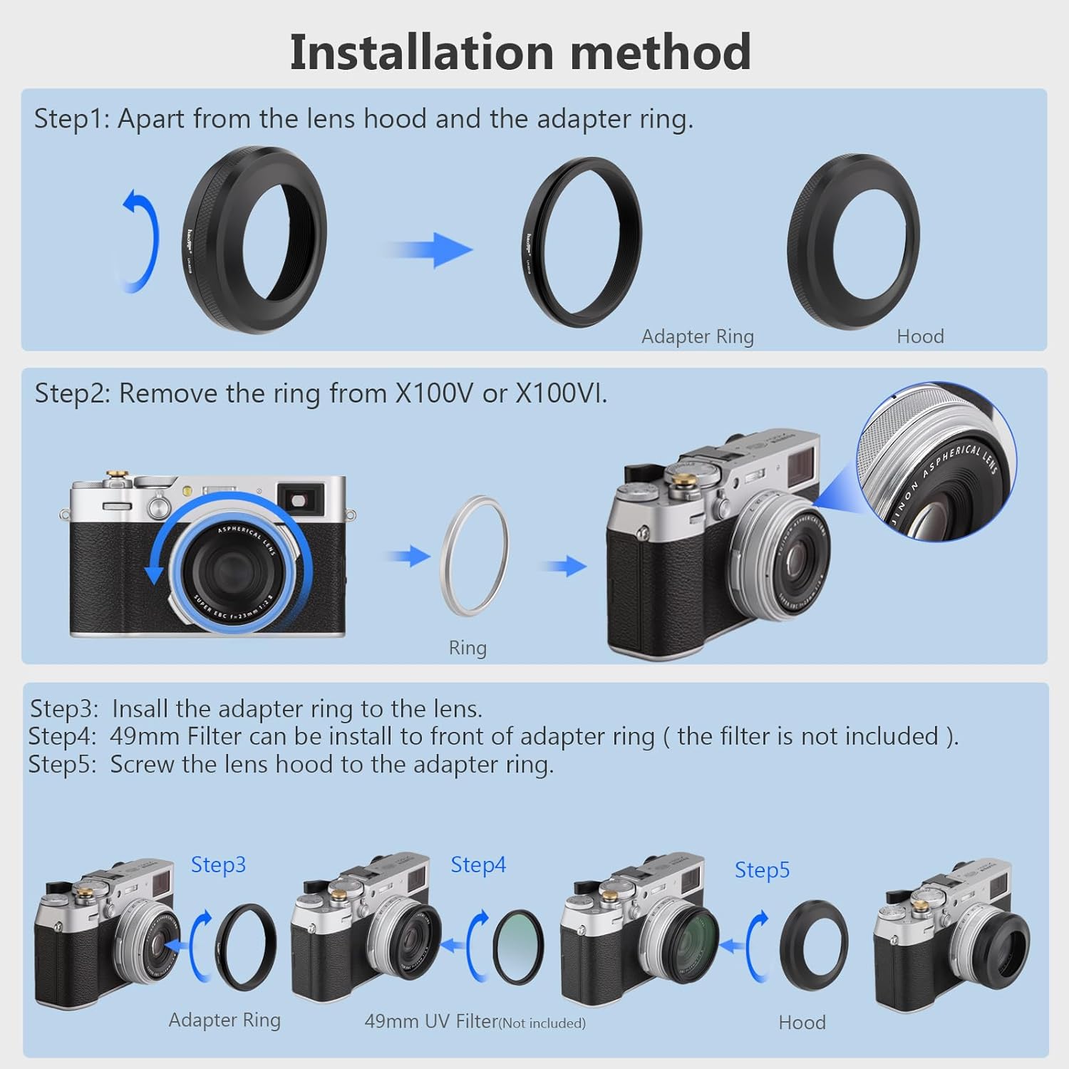 Haoge LH-X51B Pare-soleil ultra fin 2 en 1 entièrement en métal avec jeu de bagues d'adaptation pour accessoires d'appareil photo Fujifilm X100VI FinePix X100V Noir – Image 8