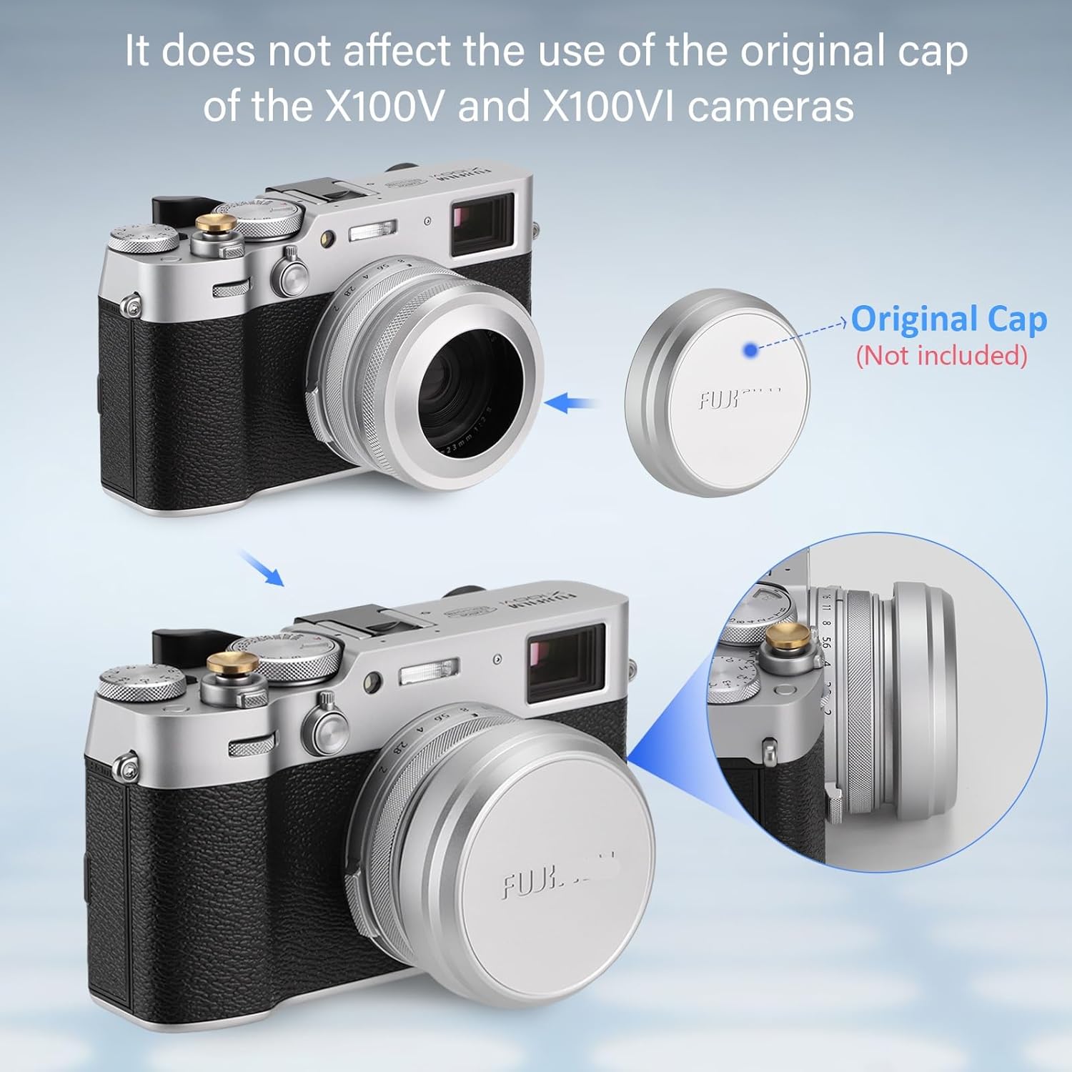 Haoge LH-X51W Pare-soleil ultra-mince 2 en 1 entièrement en métal avec jeu de bagues d'adaptation pour appareil photo Fuji X100VI Fujifilm FinePix X100V Argent – Image 5