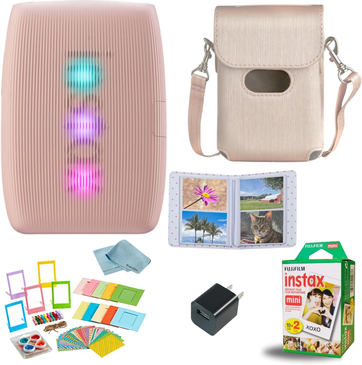 Imprimante pour smartphone Fujifilm INSTAX Mini Link 3 + film instantané INSTAX Mini (20 feuilles) + chargeur mural USB + sac de voyage BluebirdSales, album photo, chiffon de nettoyage en microfibre (rose rose)