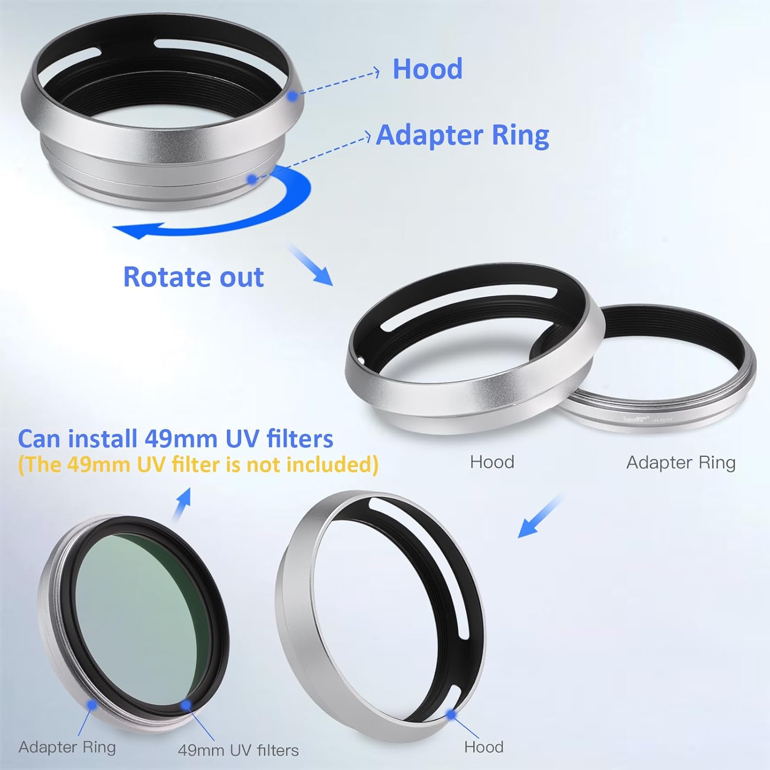 Haoge LH-X53W Pare-soleil 3 en 1 avec bague d'adaptation et capuchon pour appareil photo Fujifilm x100vi Fuji FinePix X70 X100 X100S X100T X100F X100V Argent remplace Fujifilm LH-X100 – Image 7